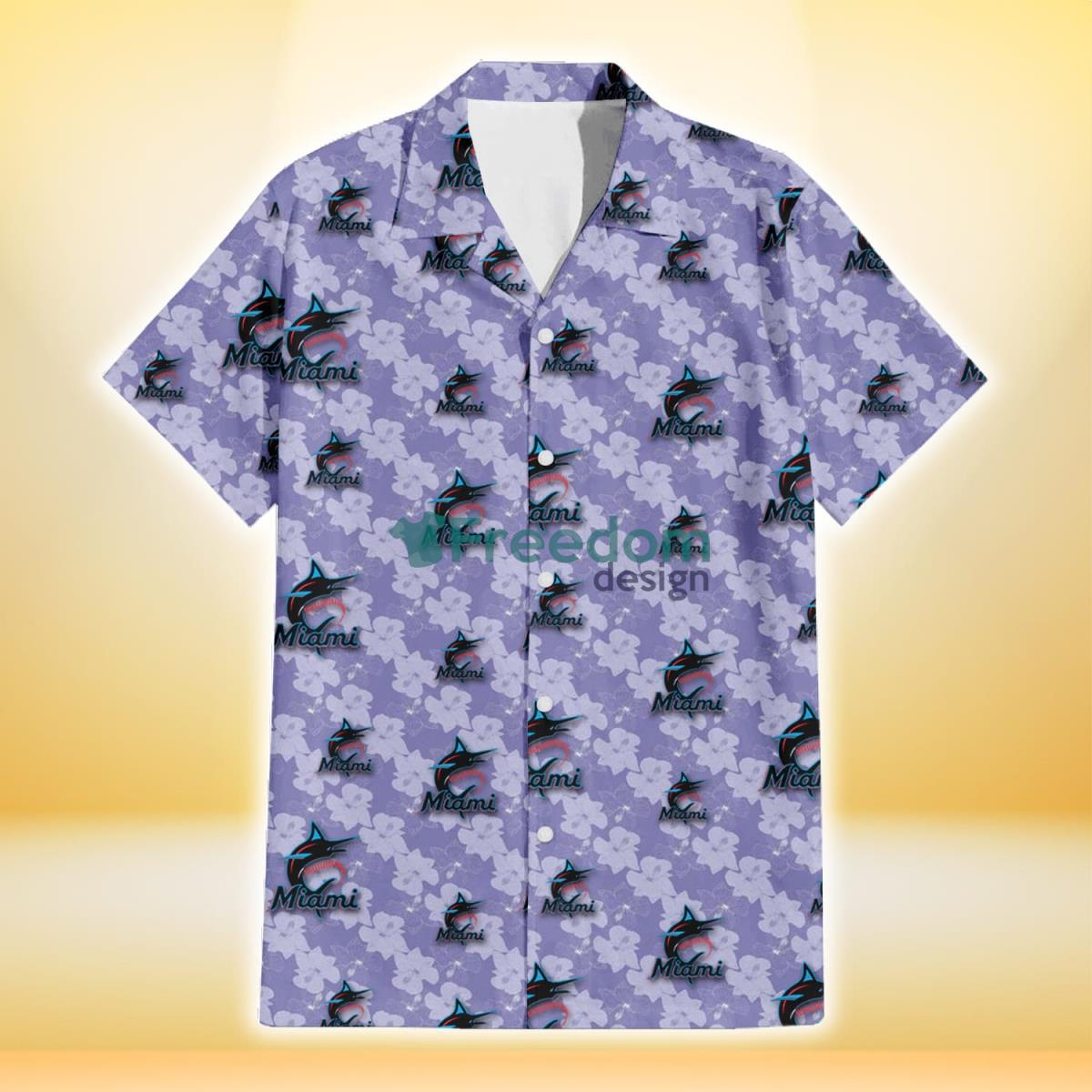 Miami Marlins Light Purple Hibiscus Pattern Stripe Powder Purple 3D Hawaiian Shirt Gift For Fans Product Photo 2