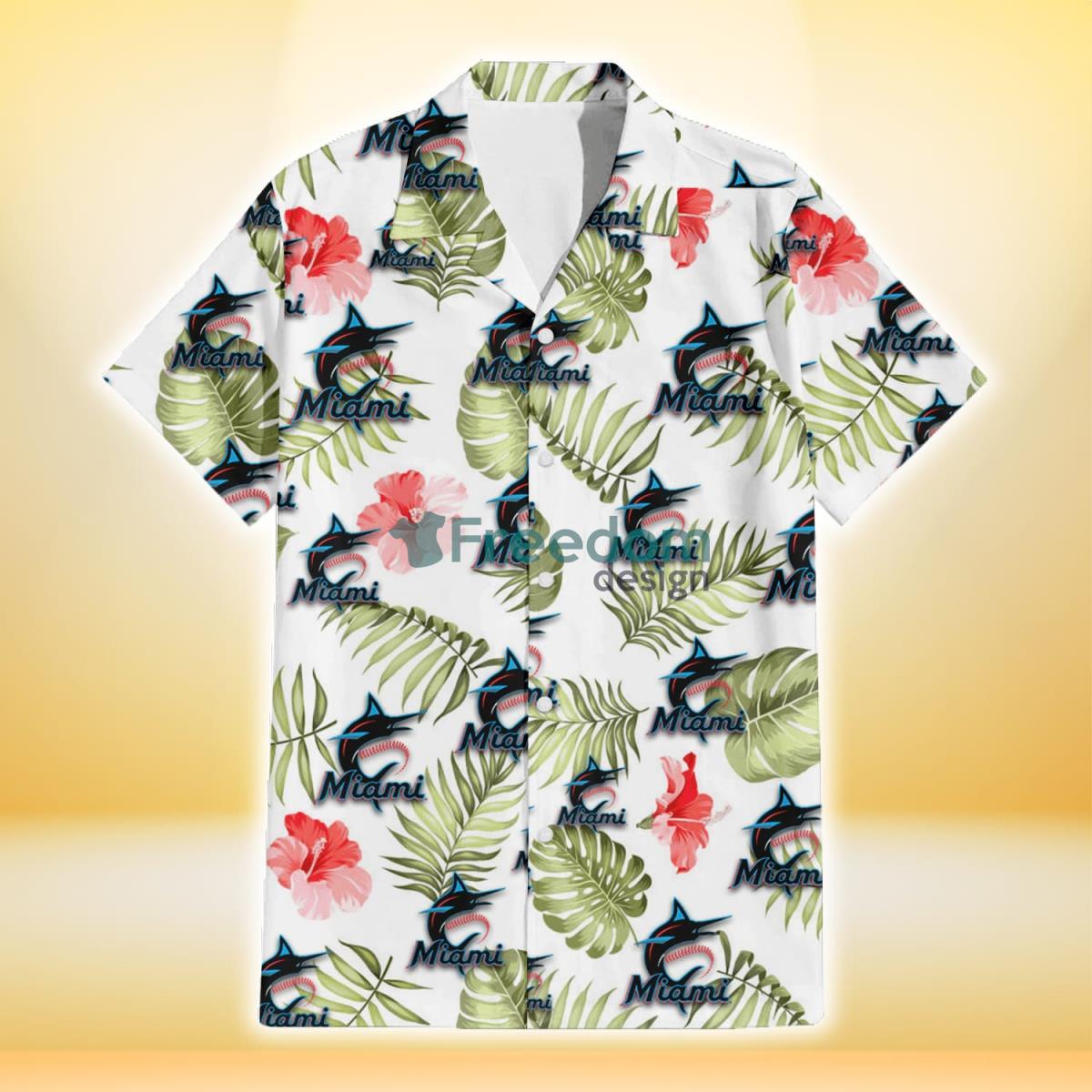 Miami Marlins Light Salmon Hibiscus Green Leaf White Background 3D Hawaiian Shirt Gift For Fans Product Photo 2