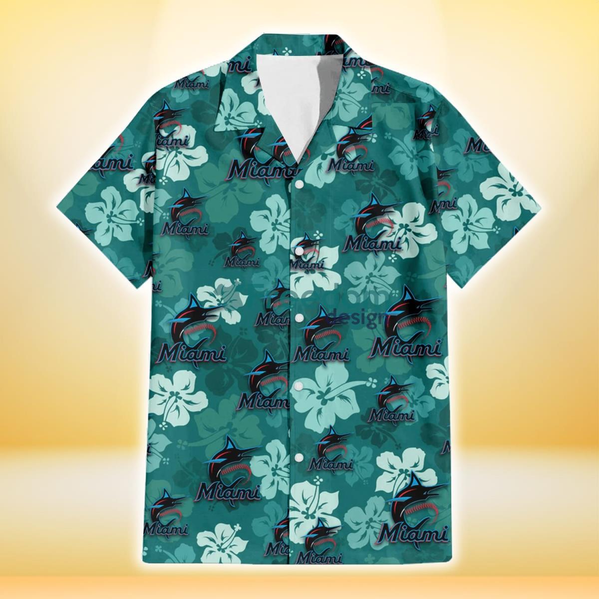 Miami Marlins Light Sea Green Hibiscus Green Background 3D Hawaiian Shirt Gift For Fans Product Photo 2