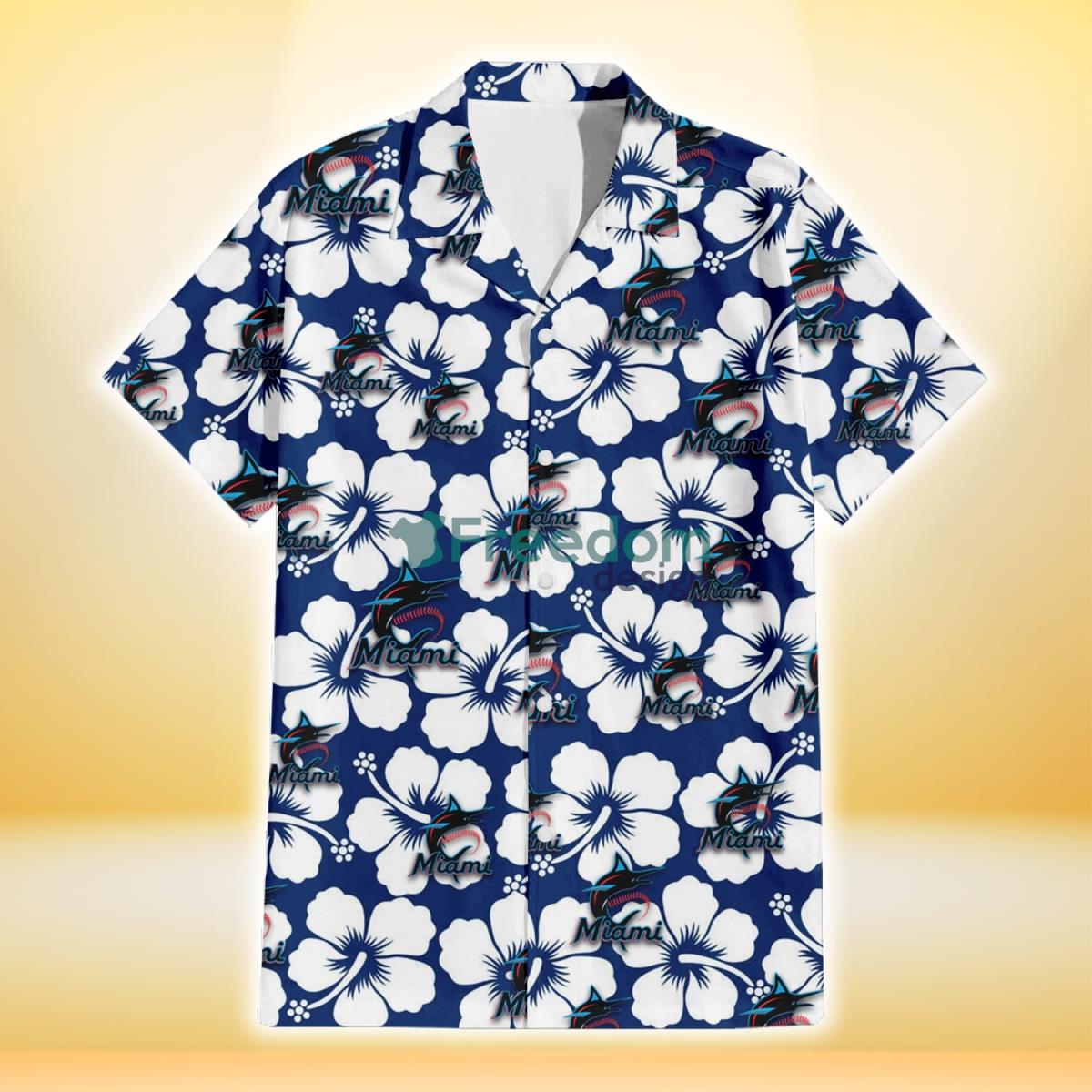 Miami Marlins Modern White Hibiscus Navy Background 3D Hawaiian Shirt Gift For Fans Product Photo 2