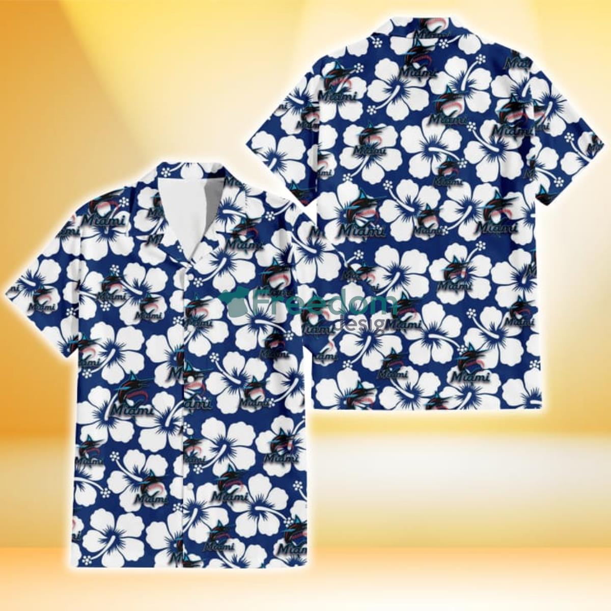 Miami Marlins Modern White Hibiscus Navy Background 3D Hawaiian Shirt Gift For Fans Product Photo 1