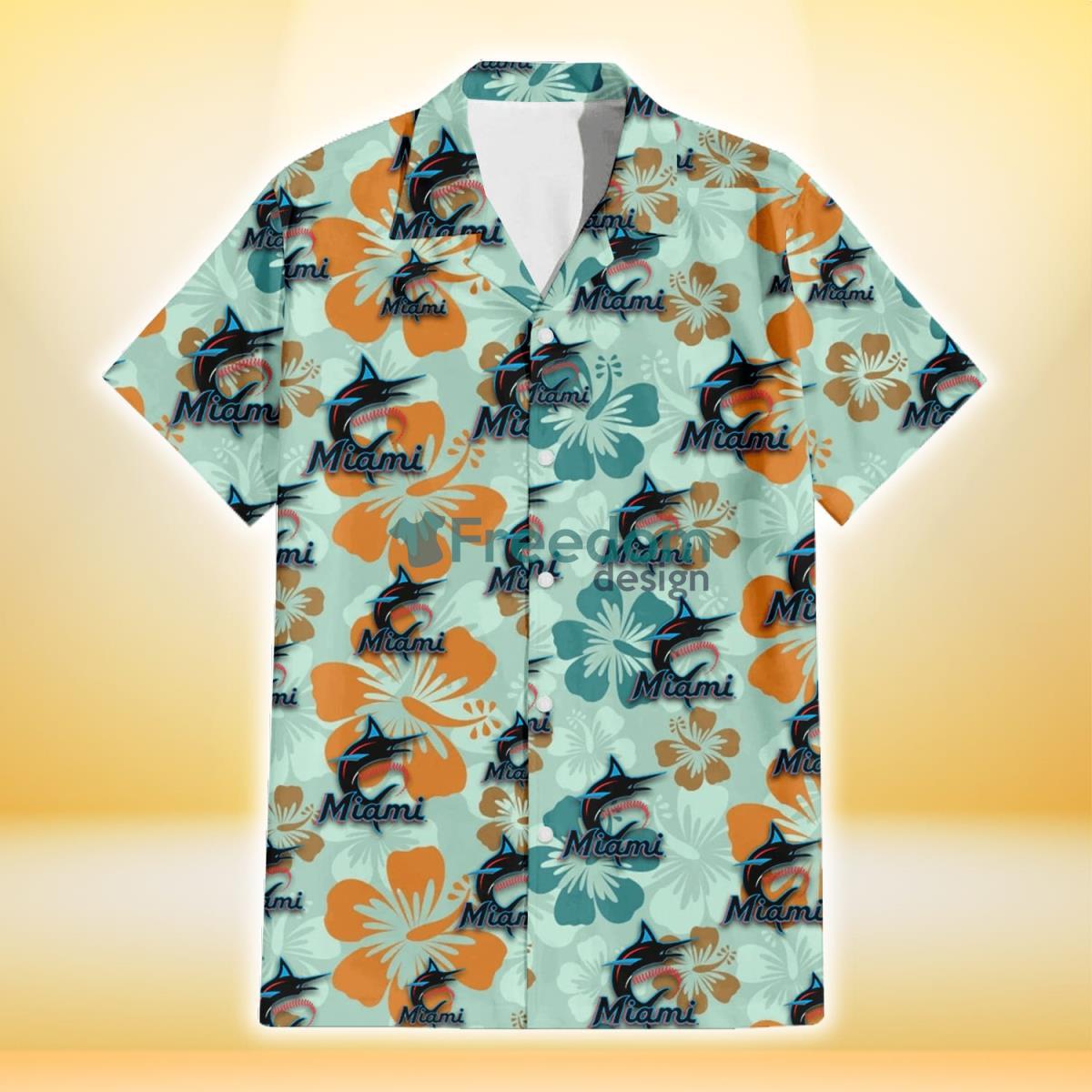 Miami Marlins Orange Green Hibiscus Pale Green Background 3D Hawaiian Shirt Gift For Fans Product Photo 2