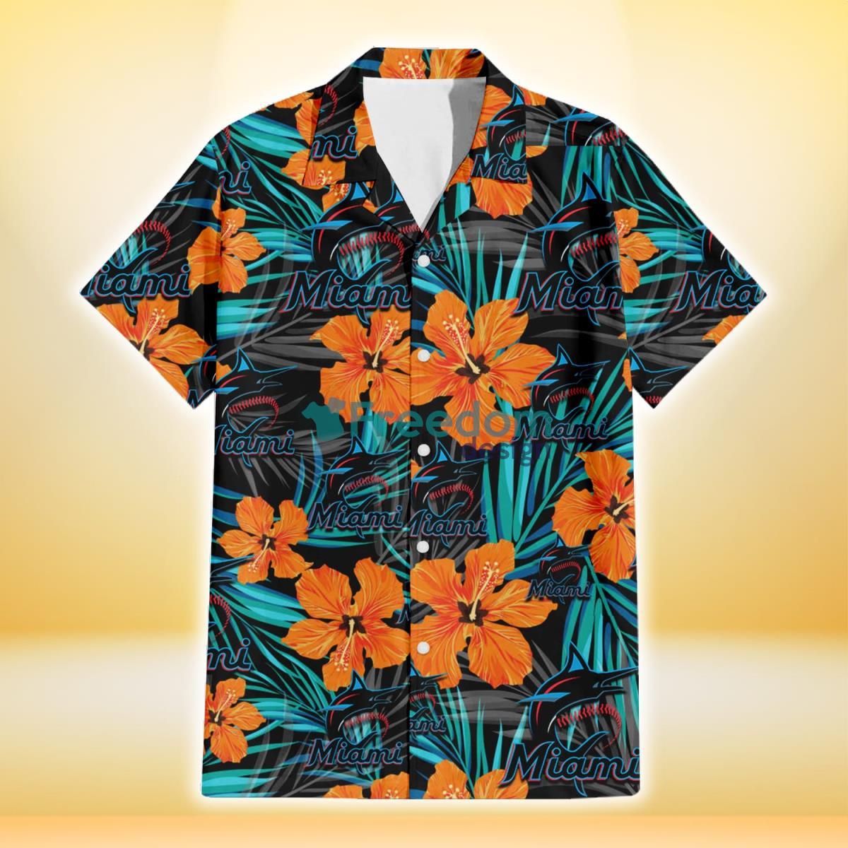 Miami Marlins Orange Hibiscus Blue Gray Leaf Black Background 3D Hawaiian Shirt Gift For Fans Product Photo 2