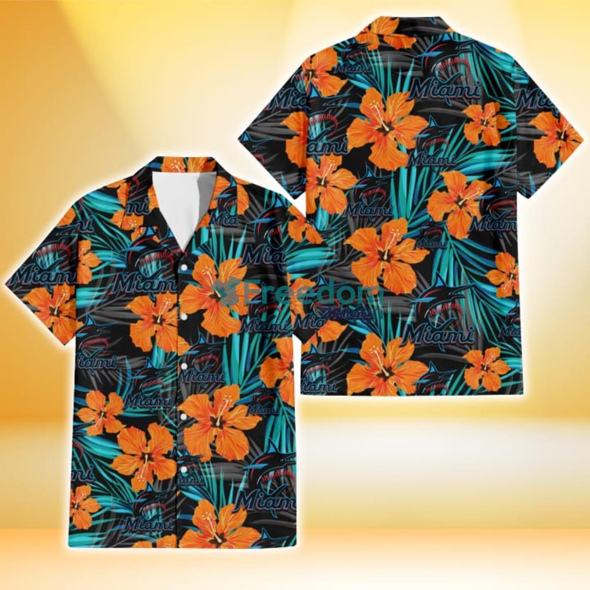 Miami Marlins Orange Hibiscus Blue Gray Leaf Black Background 3D Hawaiian Shirt Gift For Fans Product Photo 1