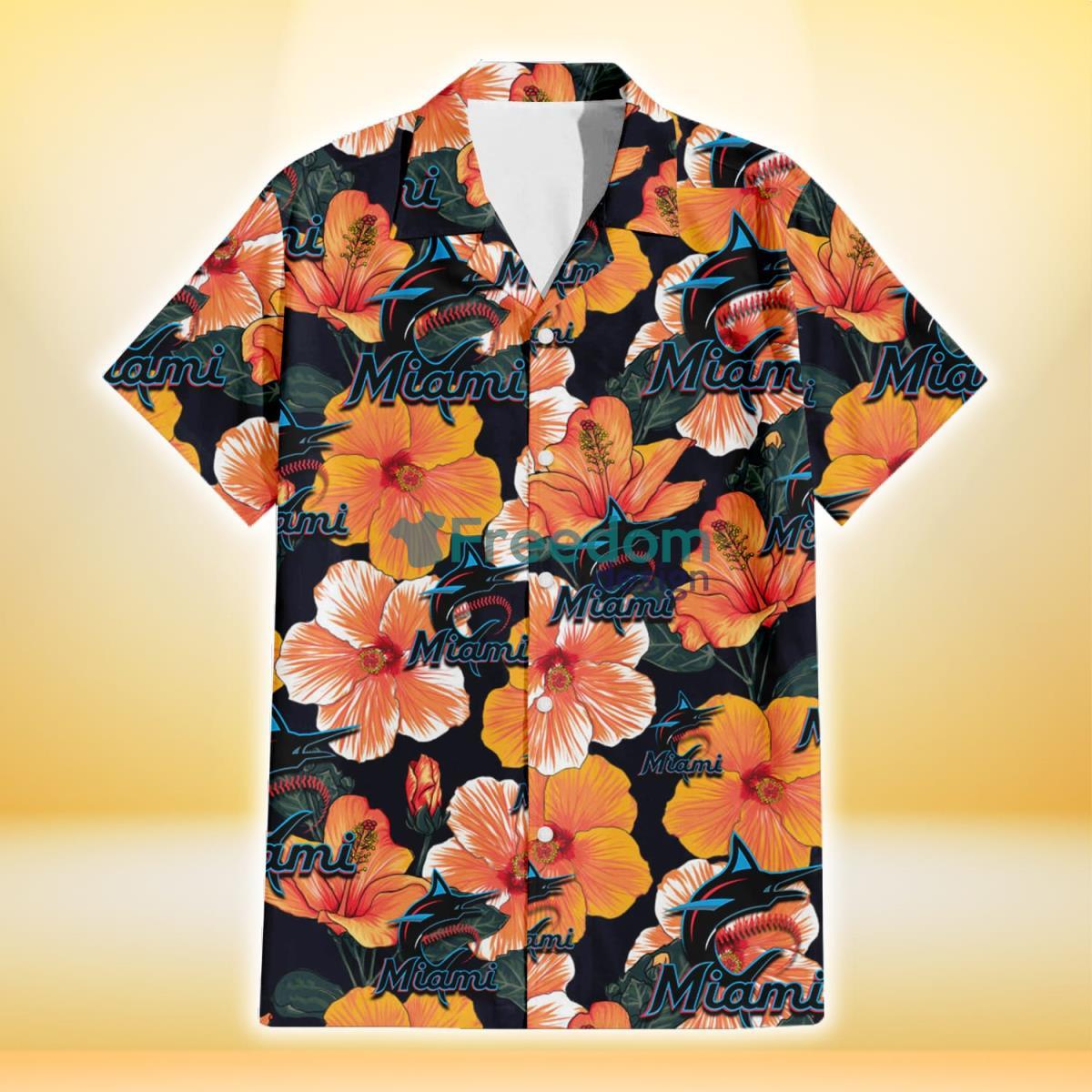 Miami Marlins Orange Hibiscus Dark Green Leaf Black Background 3D Hawaiian Shirt Gift For Fans Product Photo 2