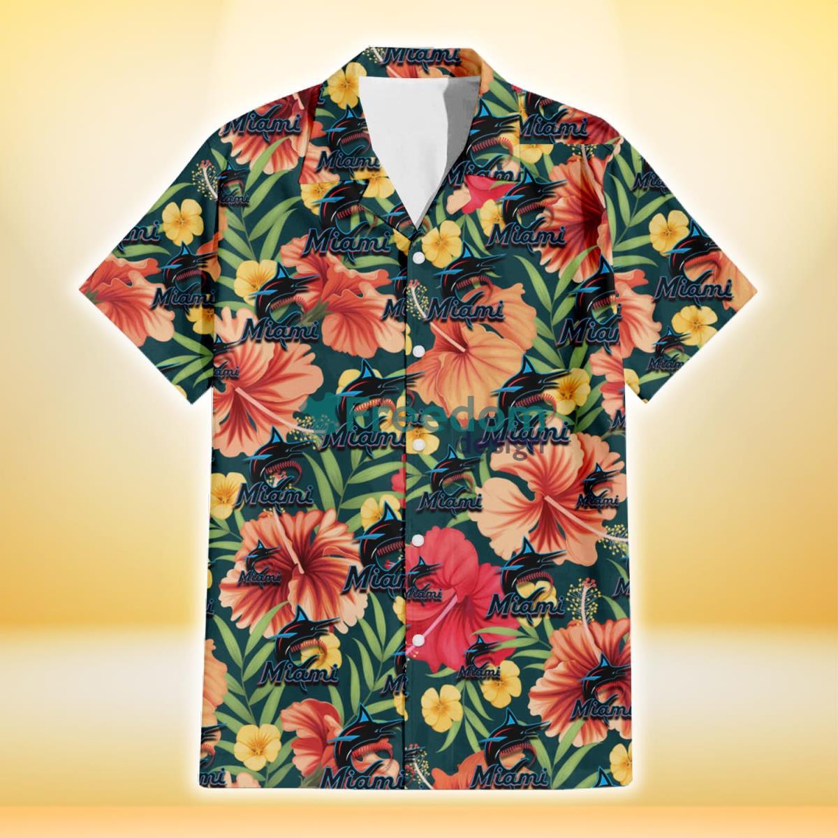 Miami Marlins Orange Red Hibiscus Green Leaf Dark Background 3D Hawaiian Shirt Gift For Fans Product Photo 2