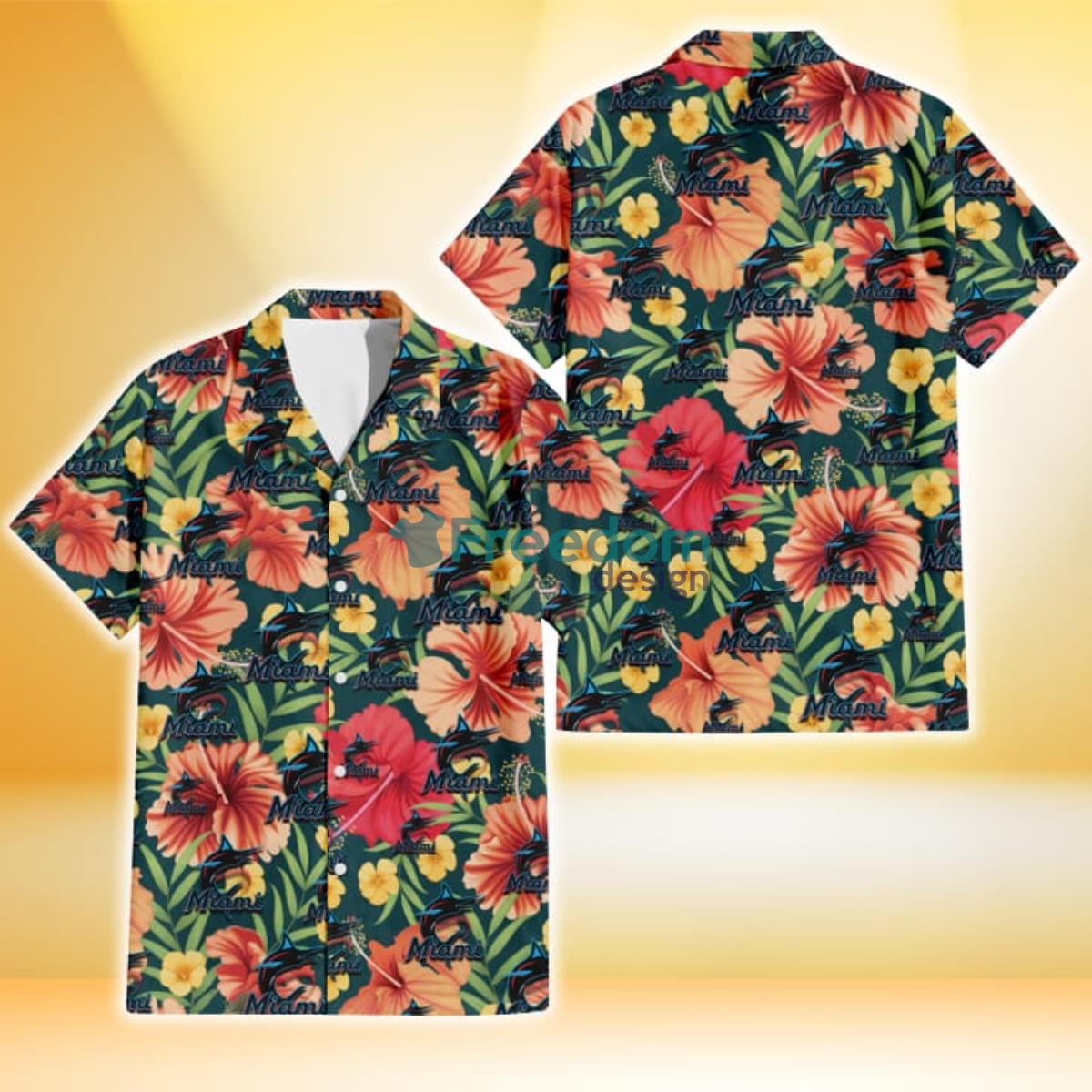 Miami Marlins Orange Red Hibiscus Green Leaf Dark Background 3D Hawaiian Shirt Gift For Fans Product Photo 1