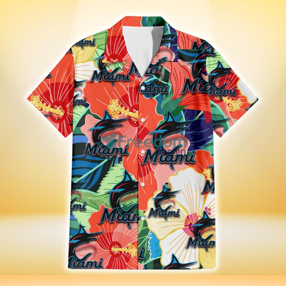 Miami Marlins Orange White Tropical Hibiscus Green Leaf 3D Hawaiian Shirt Gift For Fans Product Photo 2