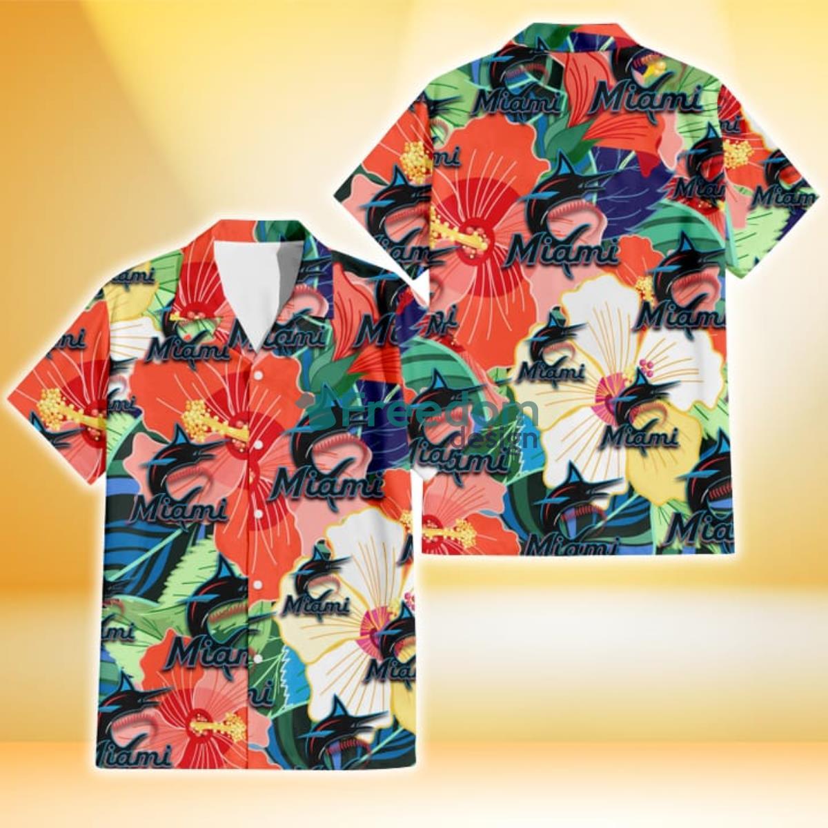 Miami Marlins Orange White Tropical Hibiscus Green Leaf 3D Hawaiian Shirt Gift For Fans Product Photo 1