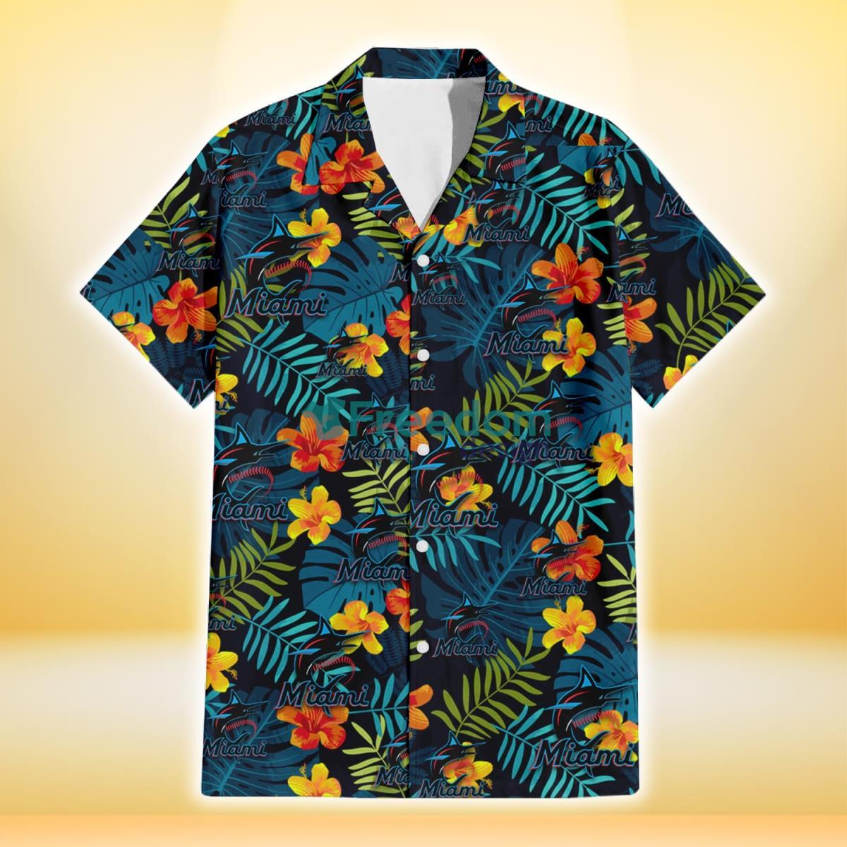 Miami Marlins Orange Yellow Green Leaf Black Background 3D Hawaiian Shirt Gift For Fans Product Photo 2