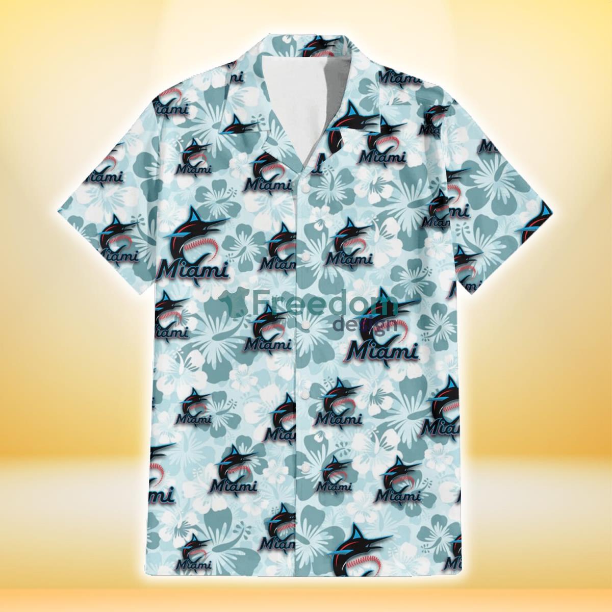 Miami Marlins Pale Turquoise Hibiscus Light Cyan Background 3D Hawaiian Shirt Gift For Fans Product Photo 2