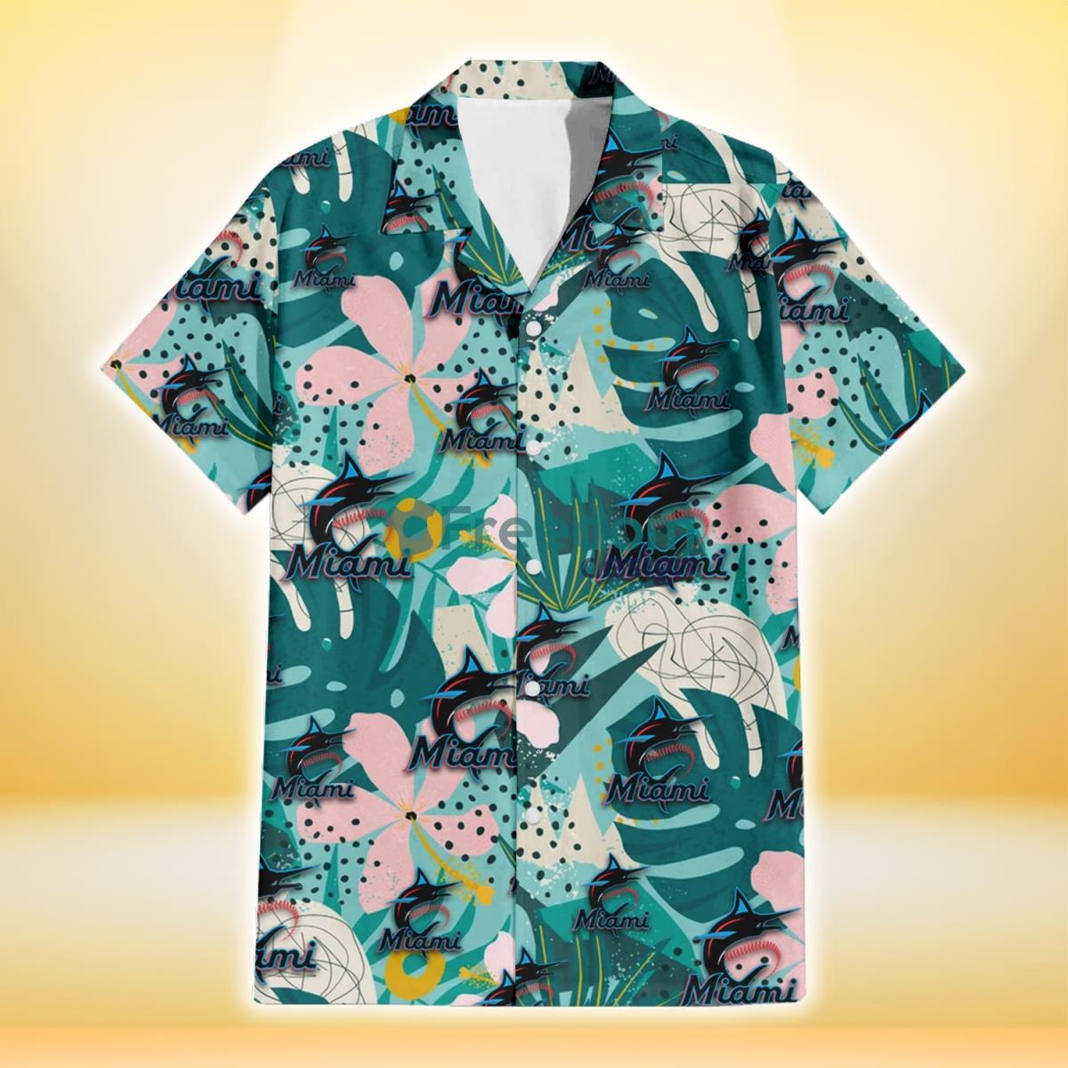 Miami Marlins Pastel Hibiscus Palm Leaf Tiny Dot Green Background 3D Hawaiian Shirt Gift For Fans Product Photo 2