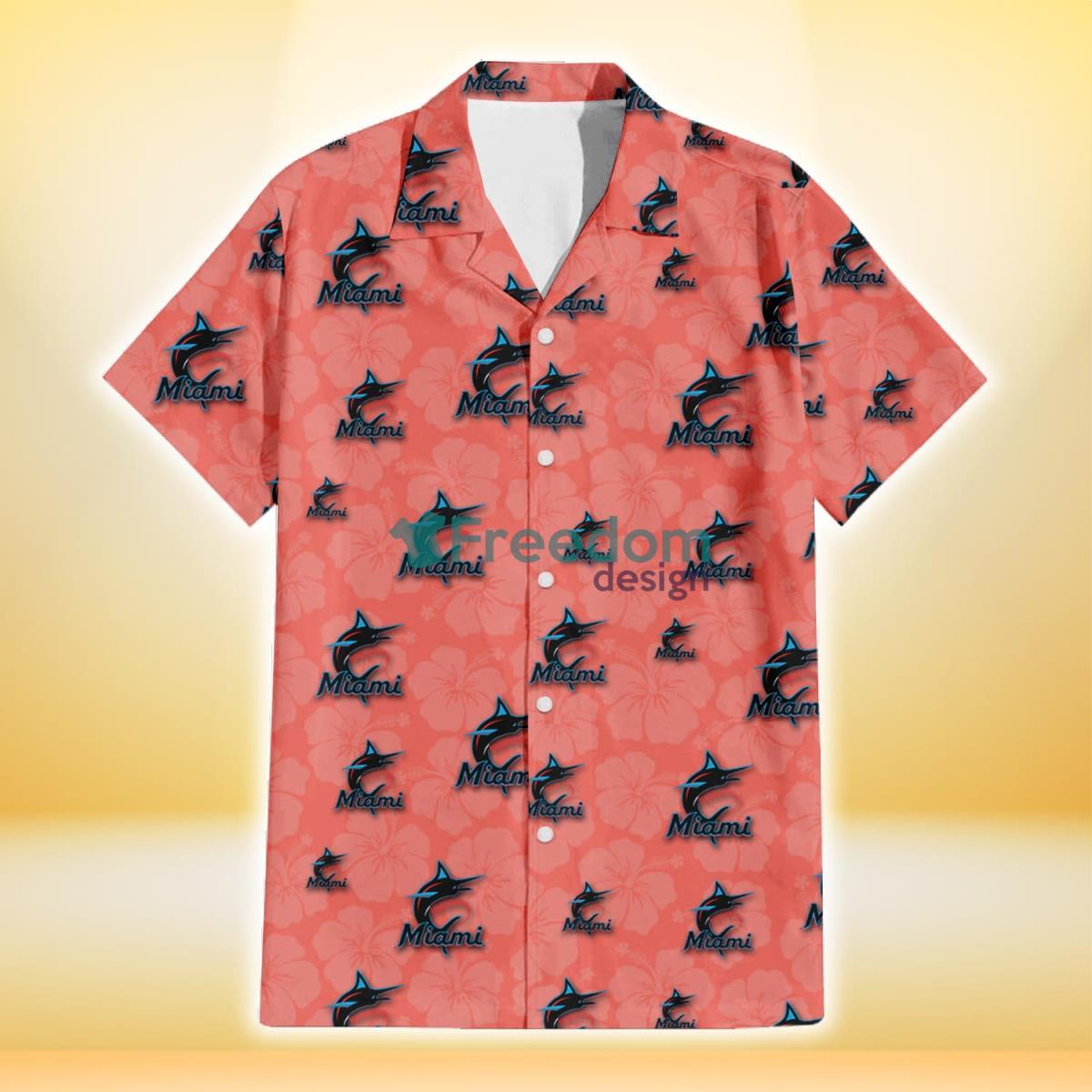 Miami Marlins Peach Puff Hibiscus Tomato Orange Background 3D Hawaiian Shirt Gift For Fans Product Photo 2