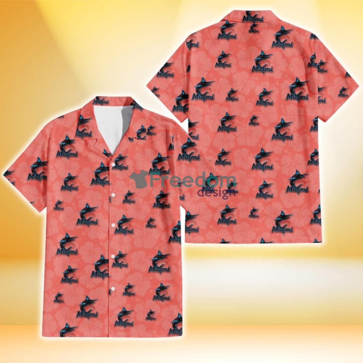 Miami Marlins Peach Puff Hibiscus Tomato Orange Background 3D Hawaiian Shirt Gift For Fans Product Photo 1