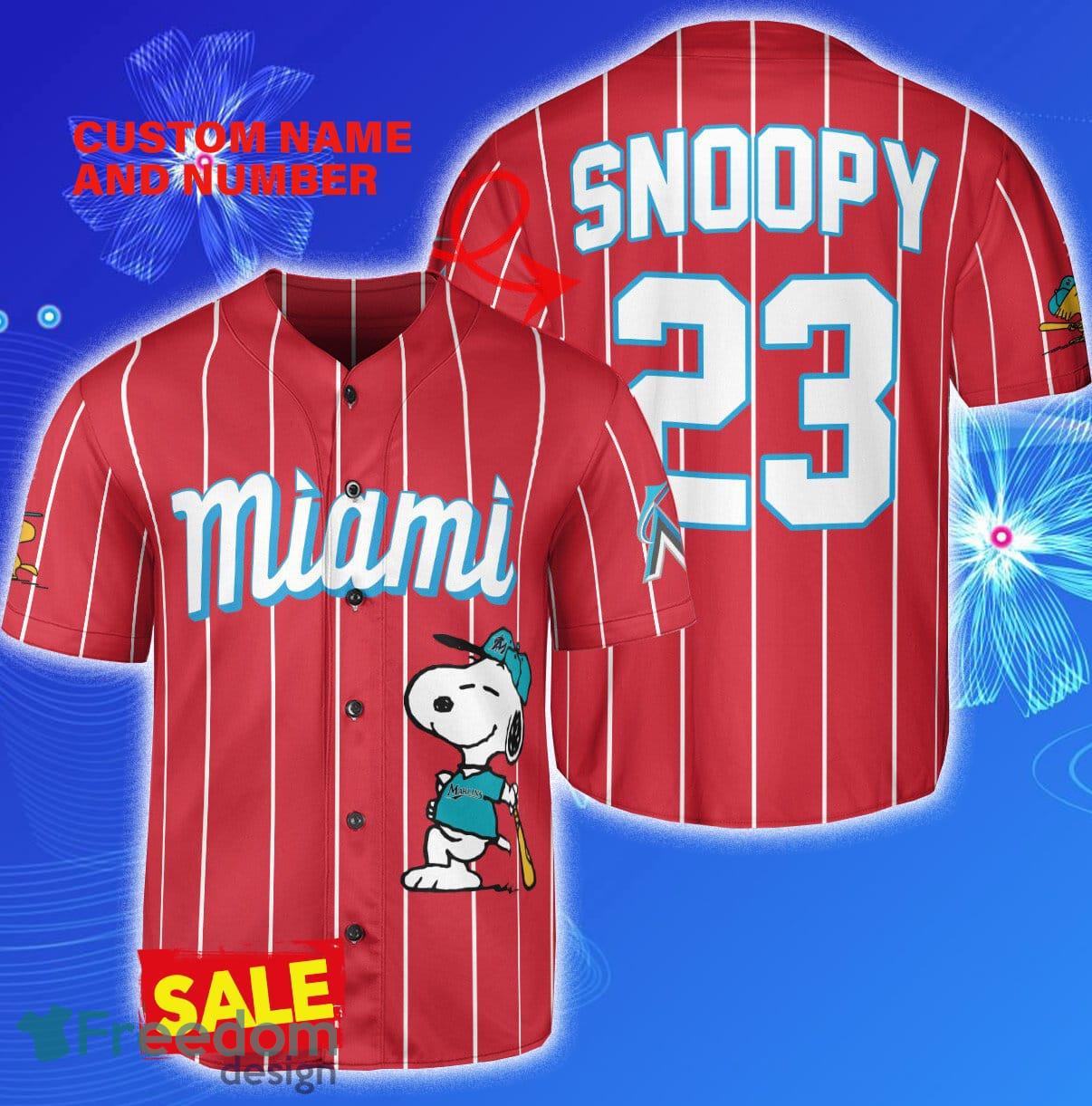 Miami Marlins Peanuts Snoopy x Miami Marlins Custom Number And Name White  Jersey Baseball Shirt - Freedomdesign