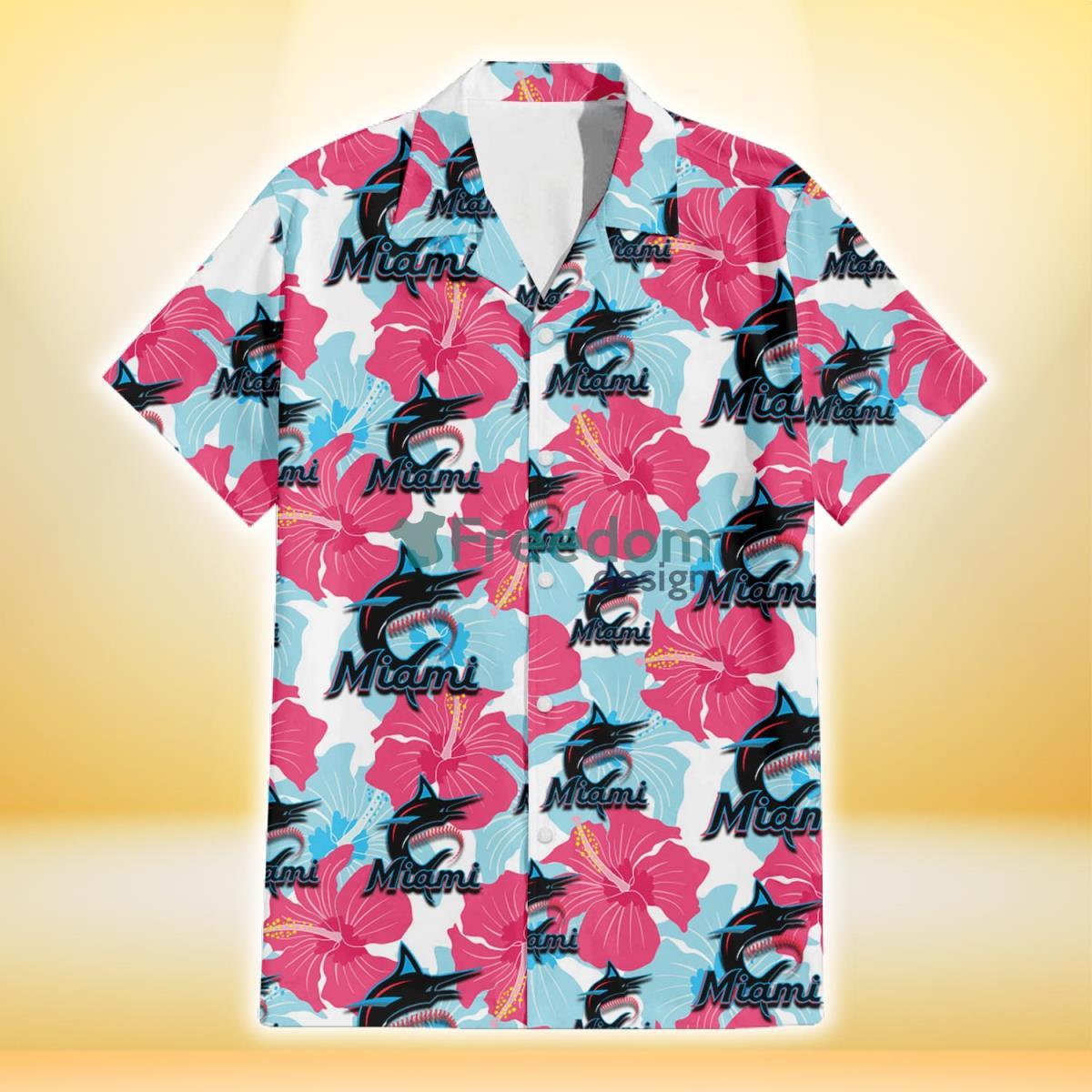 Miami Marlins Pink Blue Hibiscus White Background 3D Hawaiian Shirt Gift For Fans Product Photo 2