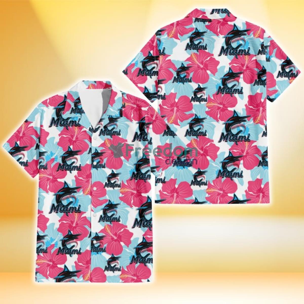 Miami Marlins Pink Blue Hibiscus White Background 3D Hawaiian Shirt Gift For Fans Product Photo 1