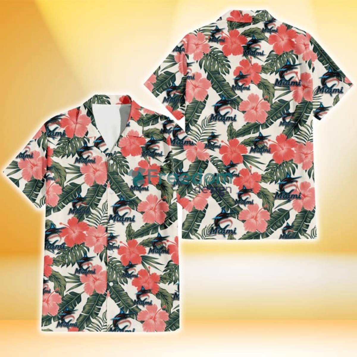 Miami Marlins Pink Coral Hibiscus Banana Leaf Beige Background 3D Hawaiian Shirt Gift For Fans Product Photo 1