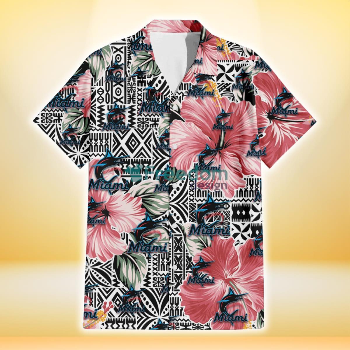 Miami Marlins Pink Hibiscus Black Pattern White Background 3D Hawaiian Shirt Gift For Fans Product Photo 2