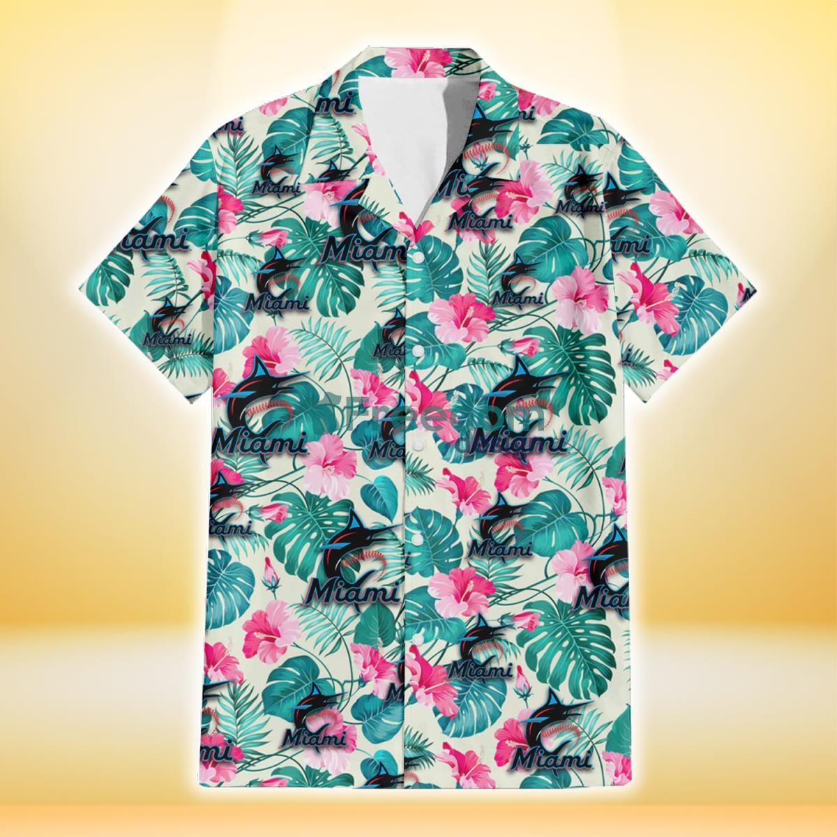 Miami Marlins Pink Hibiscus Green Leaf Beige Background 3D Hawaiian Shirt Gift For Fans Product Photo 2