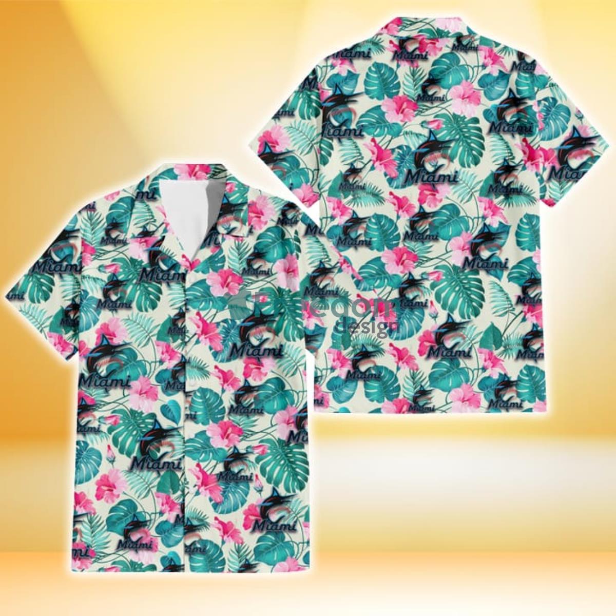 Miami Marlins Pink Hibiscus Green Leaf Beige Background 3D Hawaiian Shirt Gift For Fans Product Photo 1