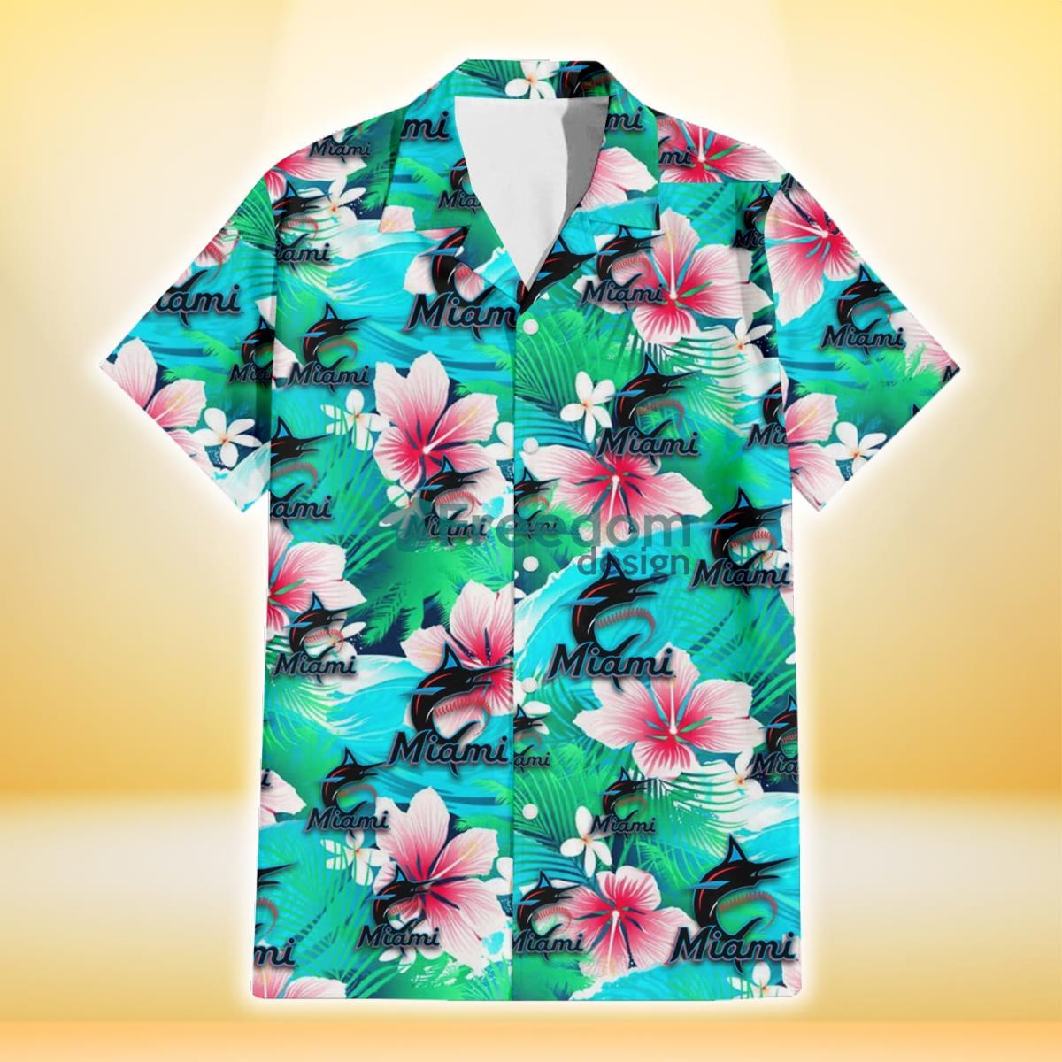 Miami Marlins Pink Hibiscus Green Leaf Blue Background 3D Hawaiian Shirt Gift For Fans Product Photo 2