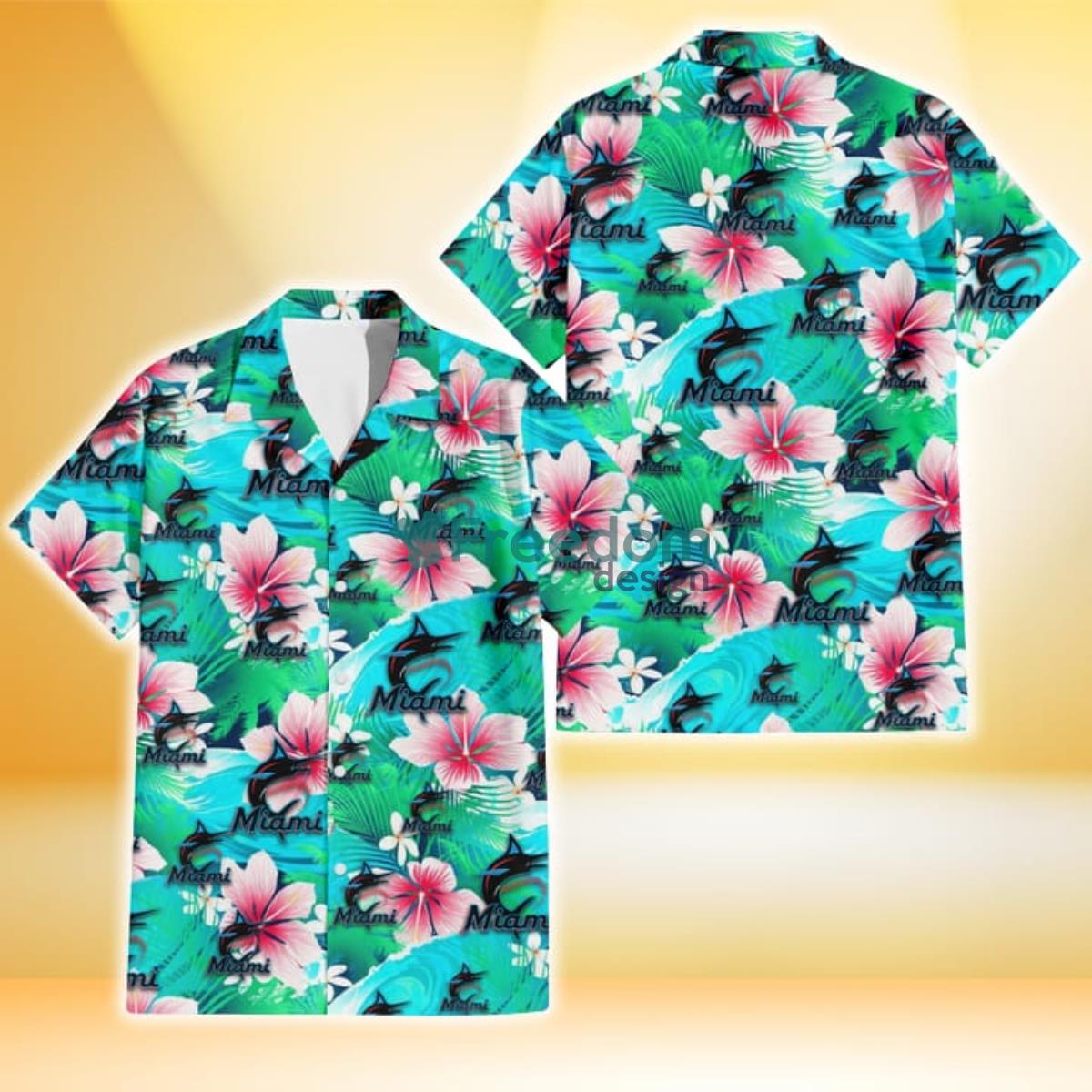 Miami Marlins Pink Hibiscus Green Leaf Blue Background 3D Hawaiian Shirt Gift For Fans Product Photo 1