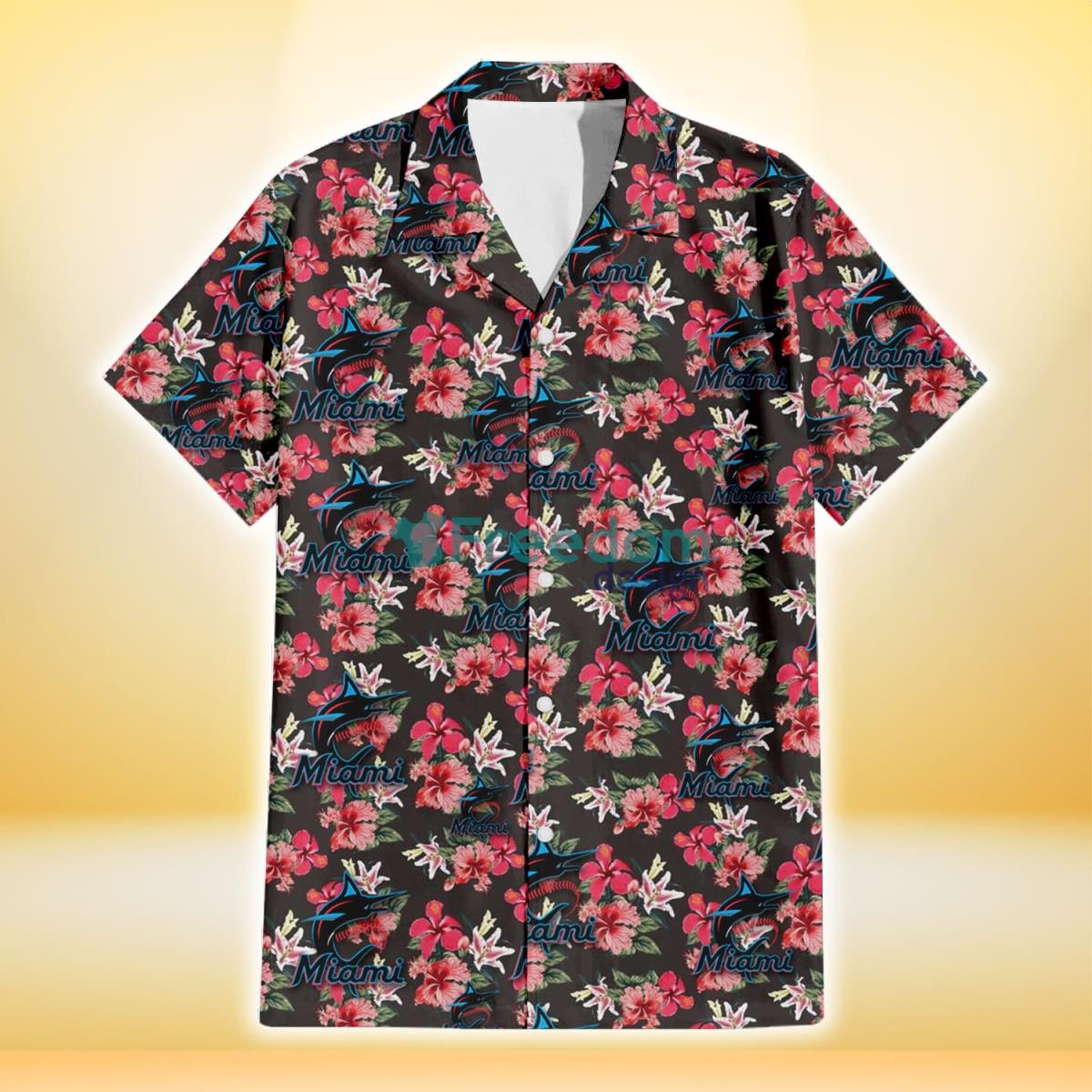 Miami Marlins Pink Hibiscus Orchid Brown Background 3D Hawaiian Shirt Gift For Fans Product Photo 2