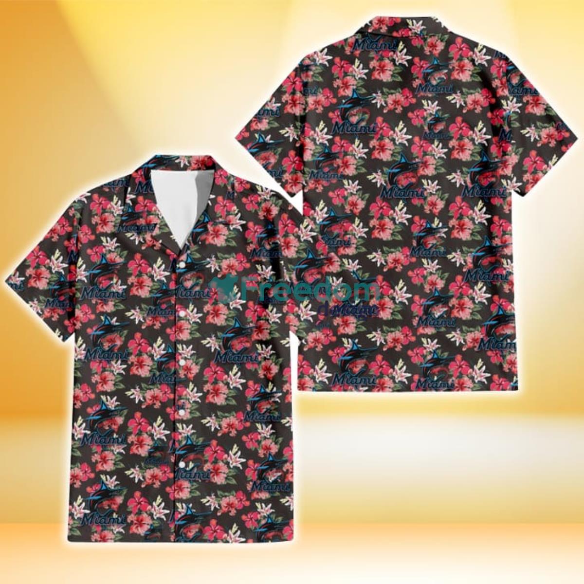 Miami Marlins Pink Hibiscus Orchid Brown Background 3D Hawaiian Shirt Gift For Fans Product Photo 1