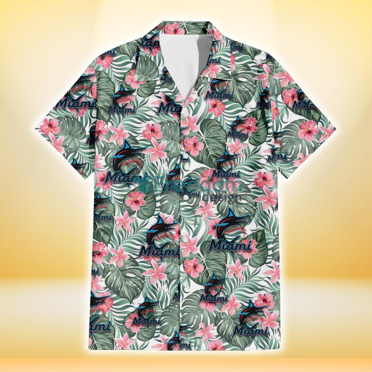 Miami Marlins Pink Hibiscus Porcelain Flower Tropical Leaf White Background 3D Hawaiian Shirt Gift For Fans Product Photo 2