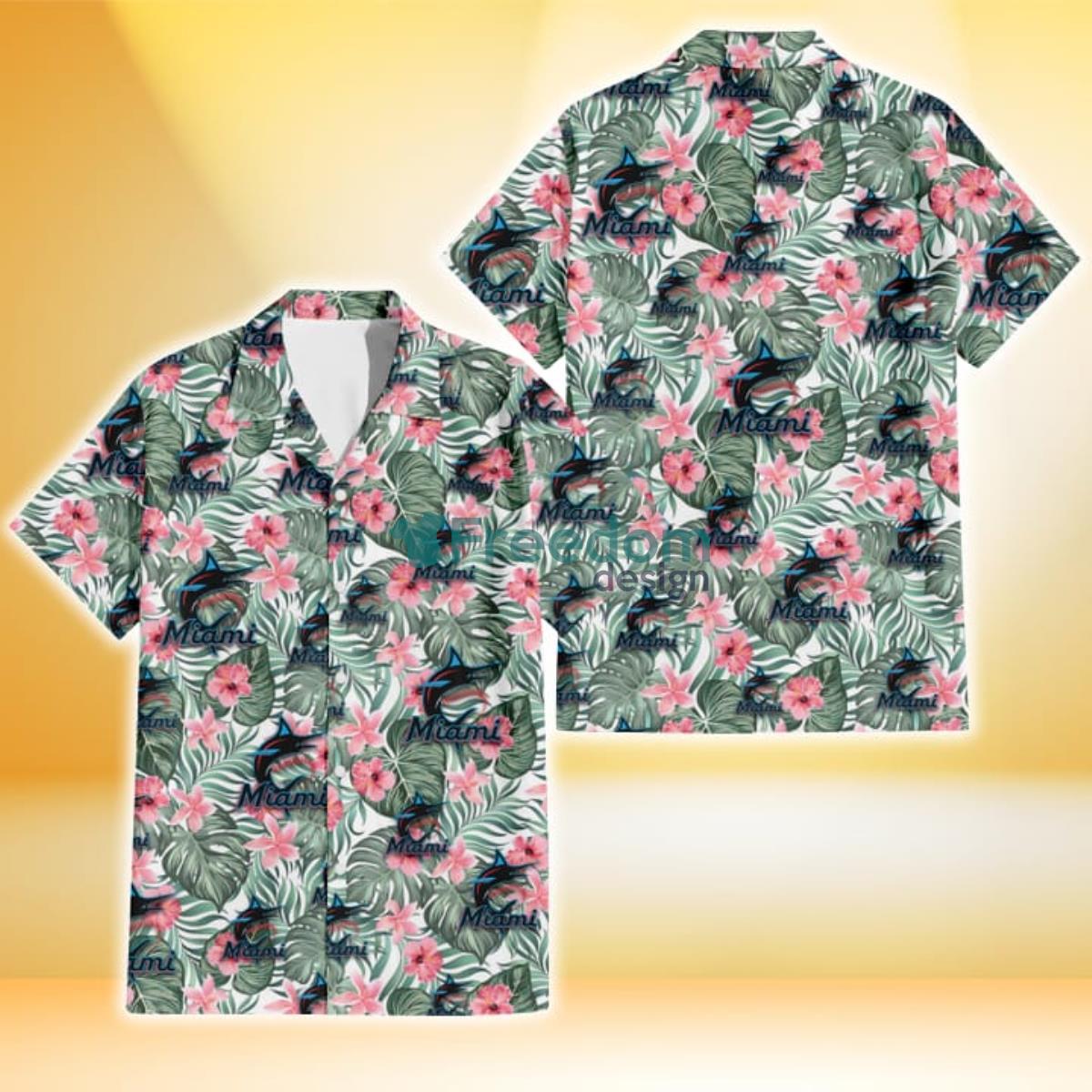 Miami Marlins Pink Hibiscus Porcelain Flower Tropical Leaf White Background 3D Hawaiian Shirt Gift For Fans Product Photo 1