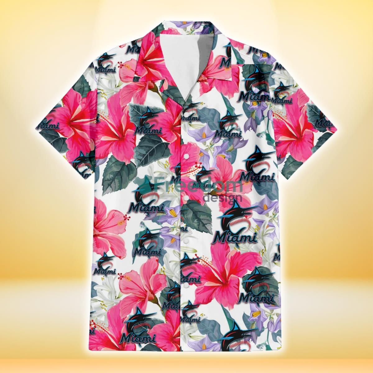 Miami Marlins Pink Hibiscus White Orchid White Background 3D Hawaiian Shirt Gift For Fans Product Photo 2