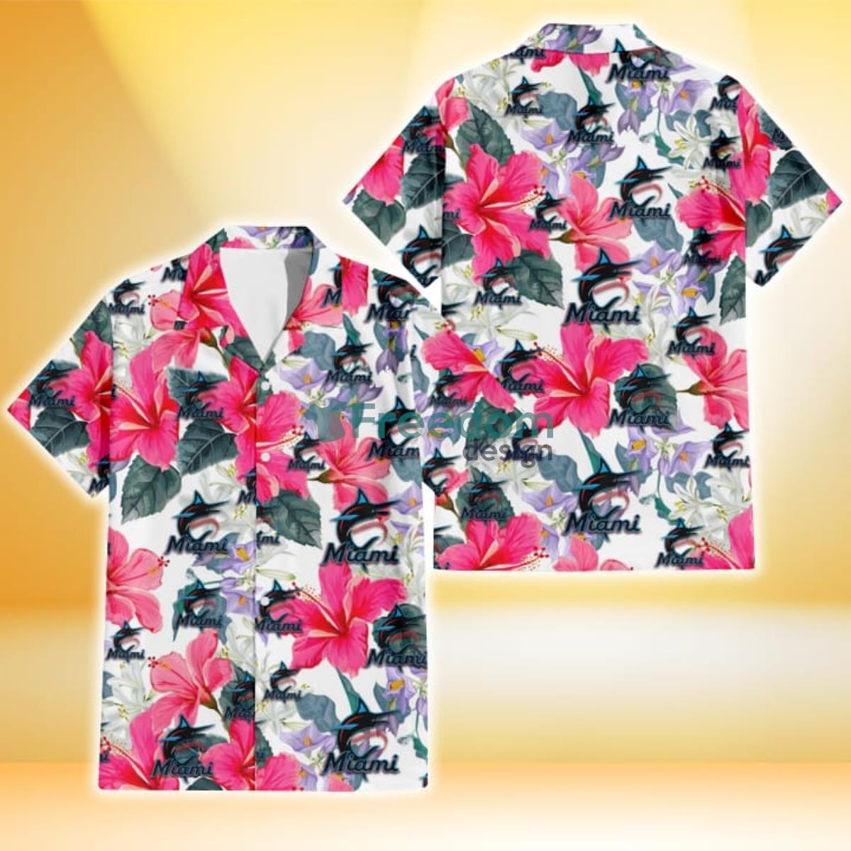 Miami Marlins Pink Hibiscus White Orchid White Background 3D Hawaiian Shirt Gift For Fans Product Photo 1