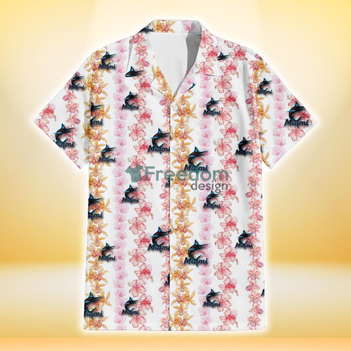 Miami Marlins Pink Hibiscus Yellow Pink Orchid White Background 3D Hawaiian Shirt Gift For Fans Product Photo 2