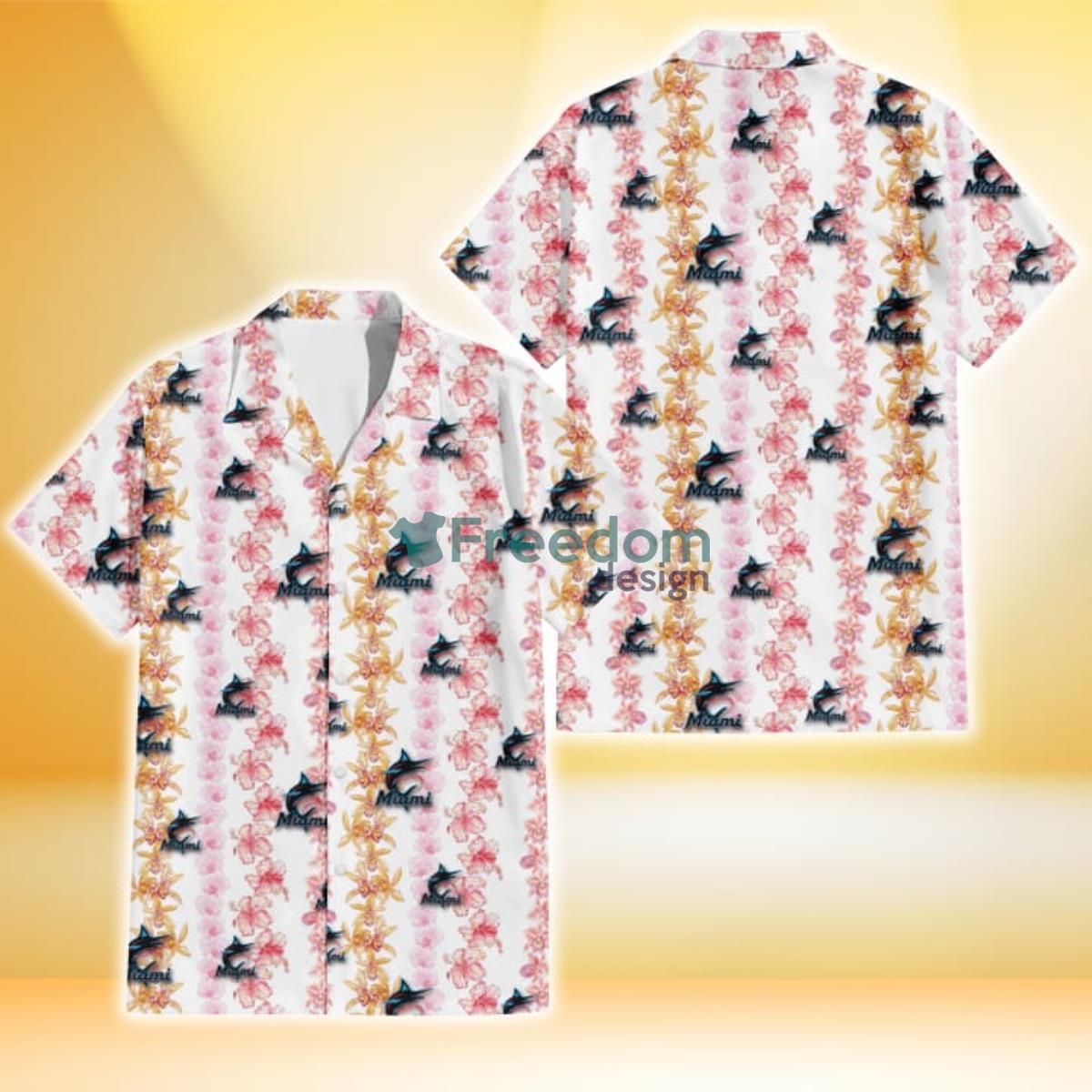 Miami Marlins Pink Hibiscus Yellow Pink Orchid White Background 3D Hawaiian Shirt Gift For Fans Product Photo 1