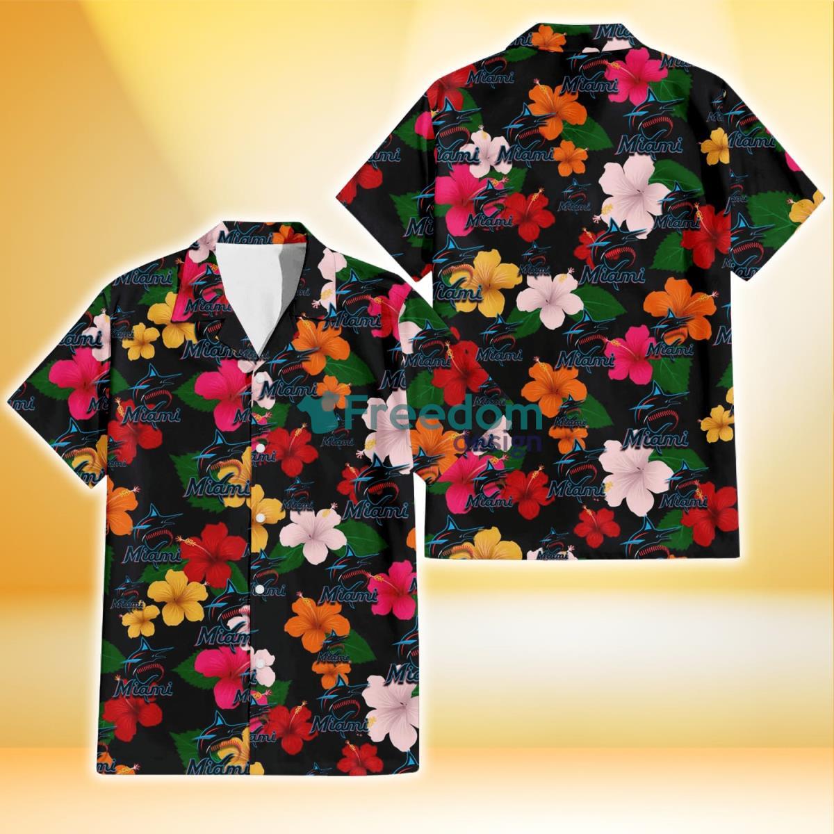 Miami Marlins Pink Orange Yellow White Hibiscus Black Background 3D Hawaiian Shirt Gift For Fans Product Photo 1