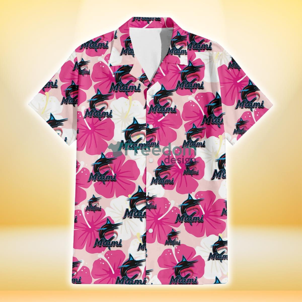 Miami Marlins Pink White Hibiscus Misty Rose Background 3D Hawaiian Shirt Gift For Fans Product Photo 2