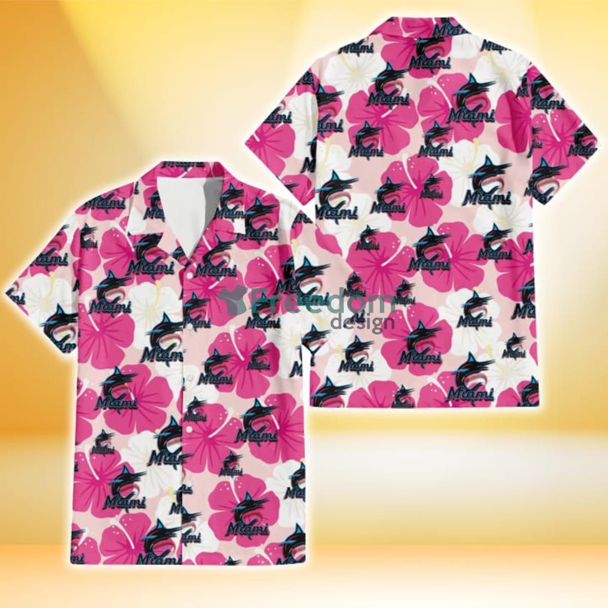 Miami Marlins Pink White Hibiscus Misty Rose Background 3D Hawaiian Shirt Gift For Fans Product Photo 1