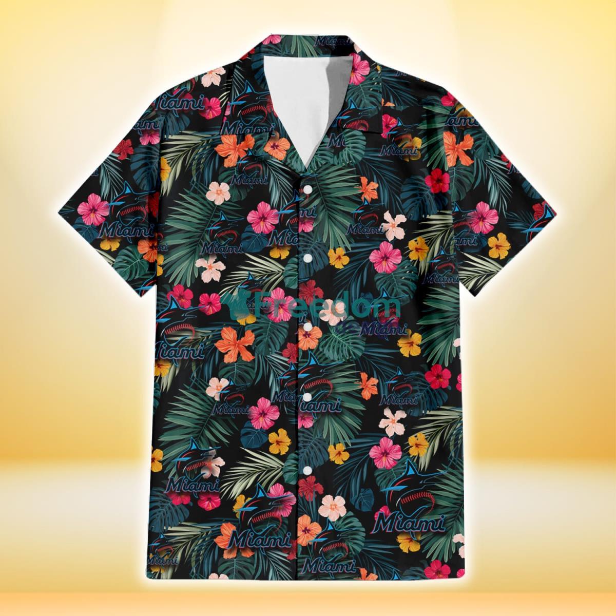 Miami Marlins Pink Yellow Orange Hibiscus Big Tropical Leaf Black Background 3D Hawaiian Shirt Gift For Fans Product Photo 2