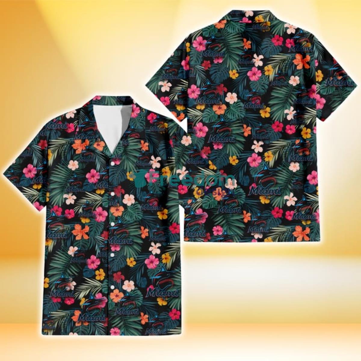 Miami Marlins Pink Yellow Orange Hibiscus Big Tropical Leaf Black Background 3D Hawaiian Shirt Gift For Fans Product Photo 1