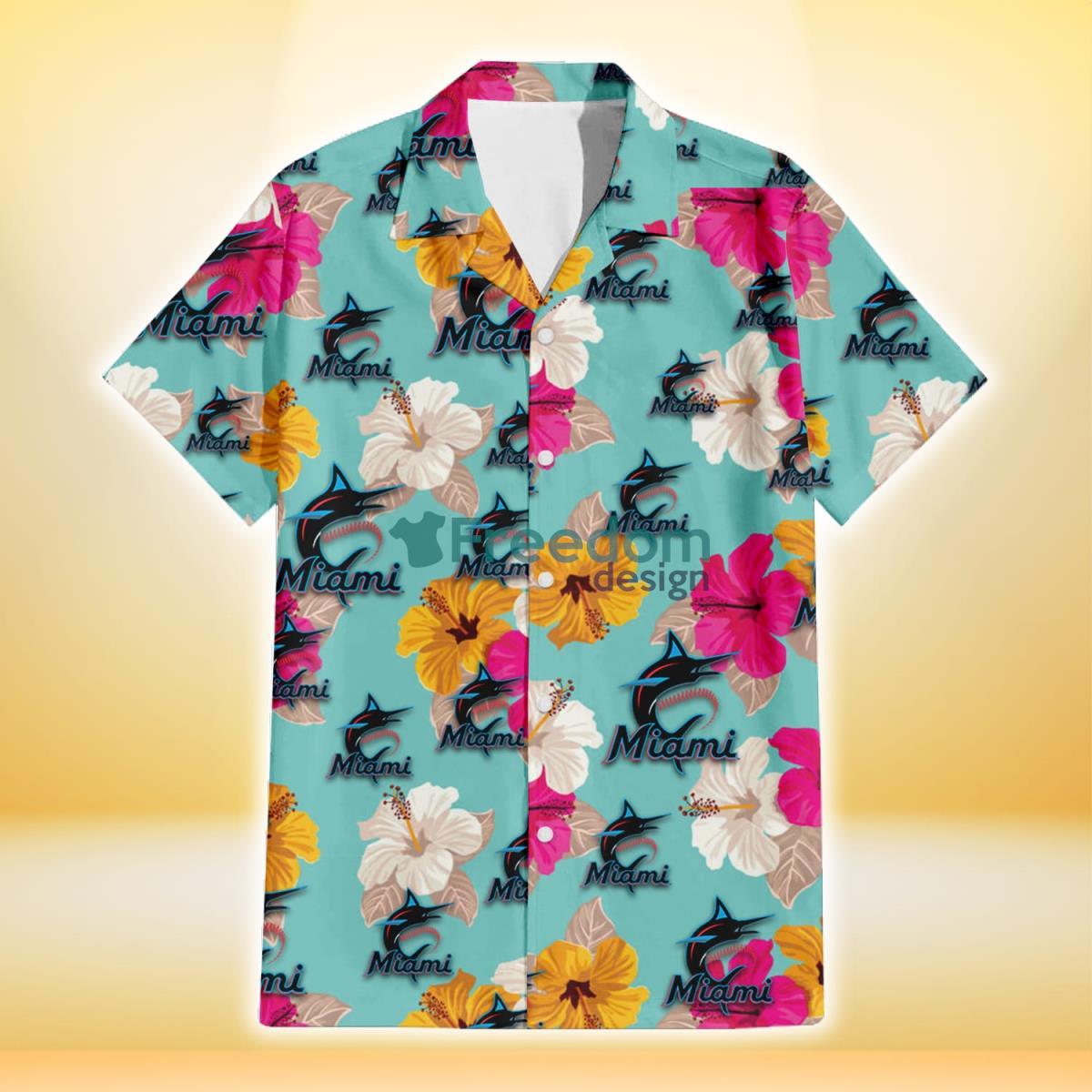 Miami Marlins Pink Yellow White Hibiscus Turquoise Background 3D Hawaiian Shirt Gift For Fans Product Photo 2