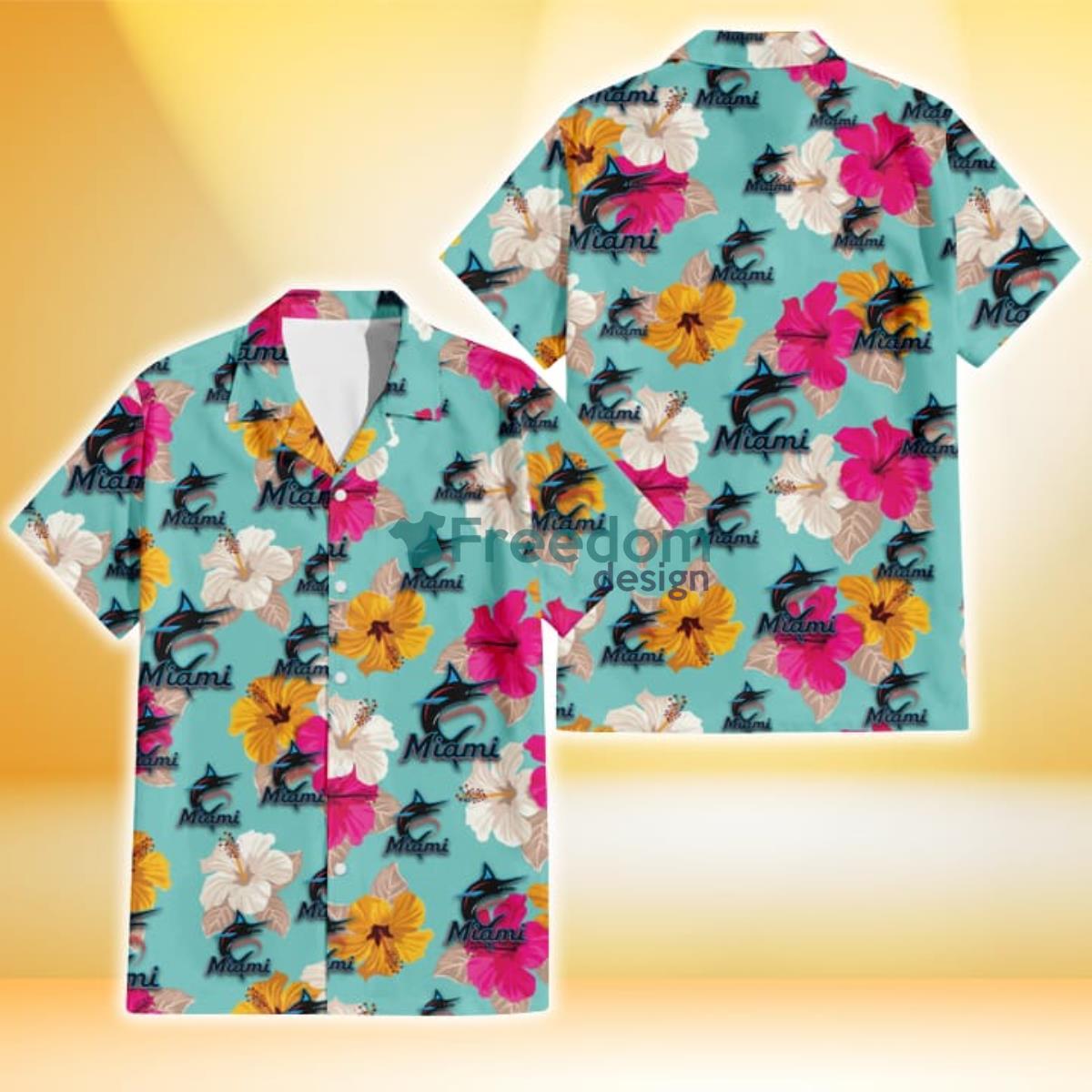 Miami Marlins Pink Yellow White Hibiscus Turquoise Background 3D Hawaiian Shirt Gift For Fans Product Photo 1