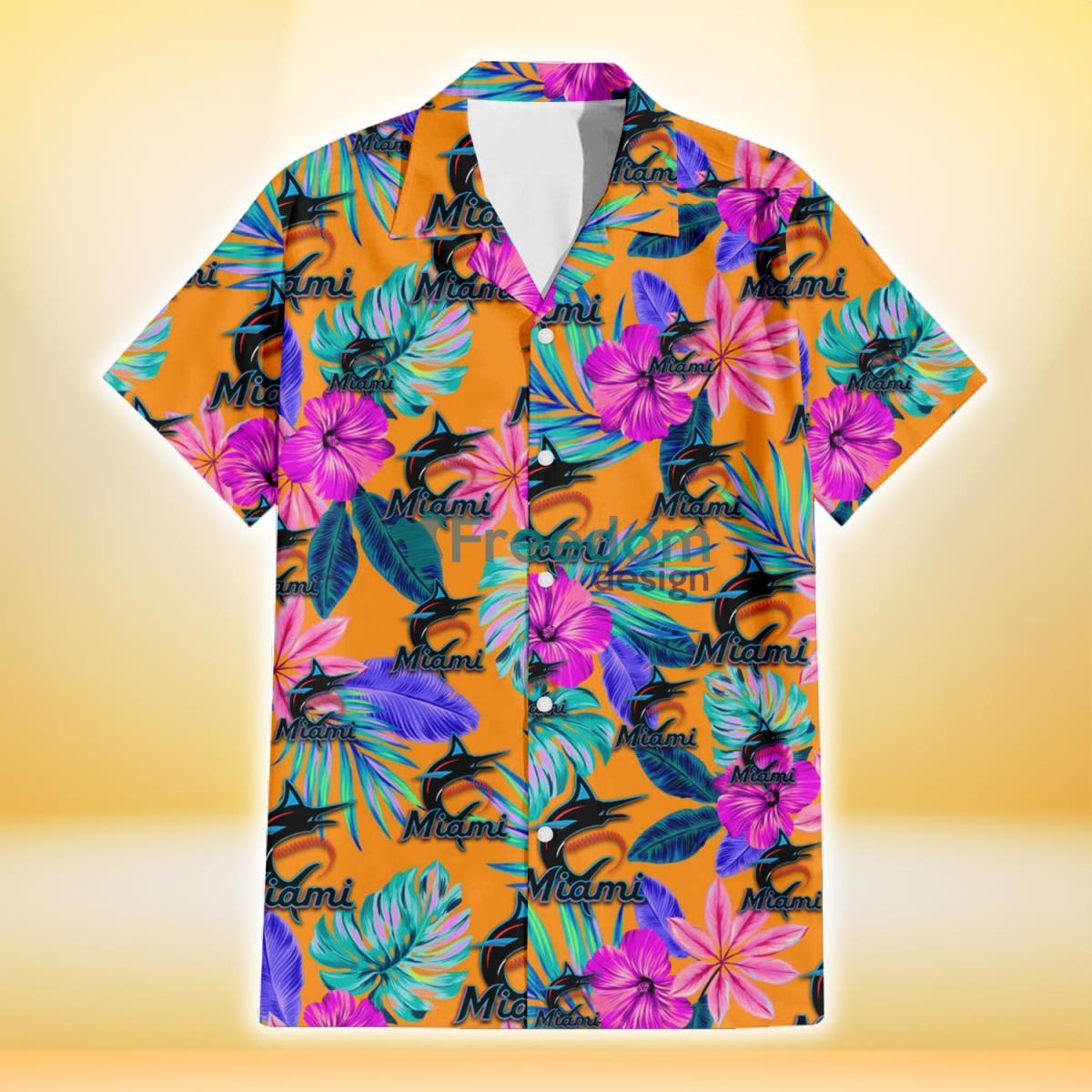 Miami Marlins Purple Hibiscus Neon Leaf Orange Background 3D Hawaiian Shirt Gift For Fans Product Photo 2