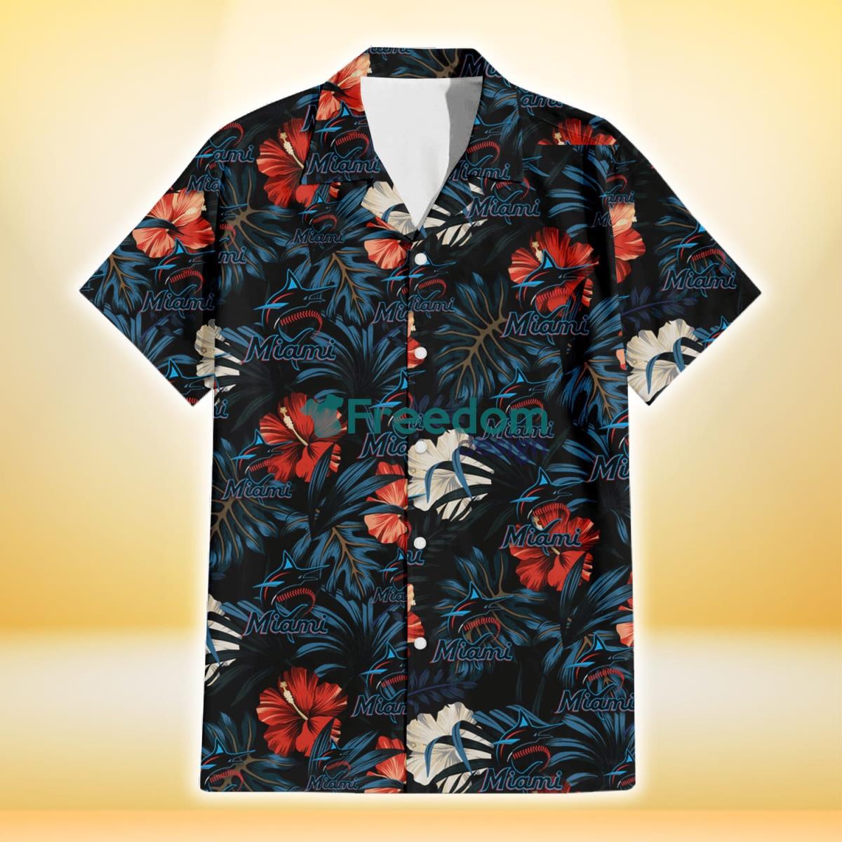 Miami Marlins Red And White Hibiscus Dark Leaf Black Background 3D Hawaiian Shirt Gift For Fans Product Photo 2