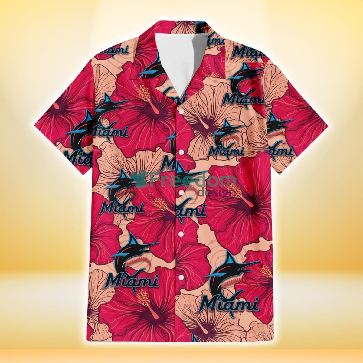 Miami Marlins Red Beige Hibiscus Beige Background 3D Hawaiian Shirt Gift For Fans Product Photo 2