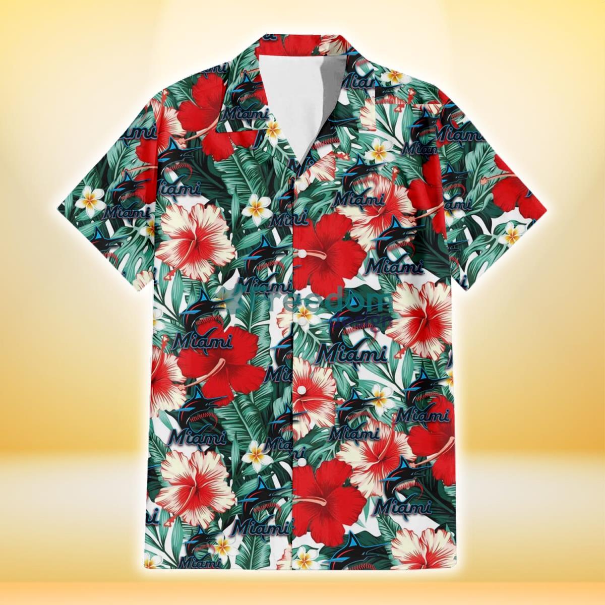 Miami Marlins Red Coral Hibiscus White Porcelain Flower Banana Leaf 3D Hawaiian Shirt Gift For Fans Product Photo 2