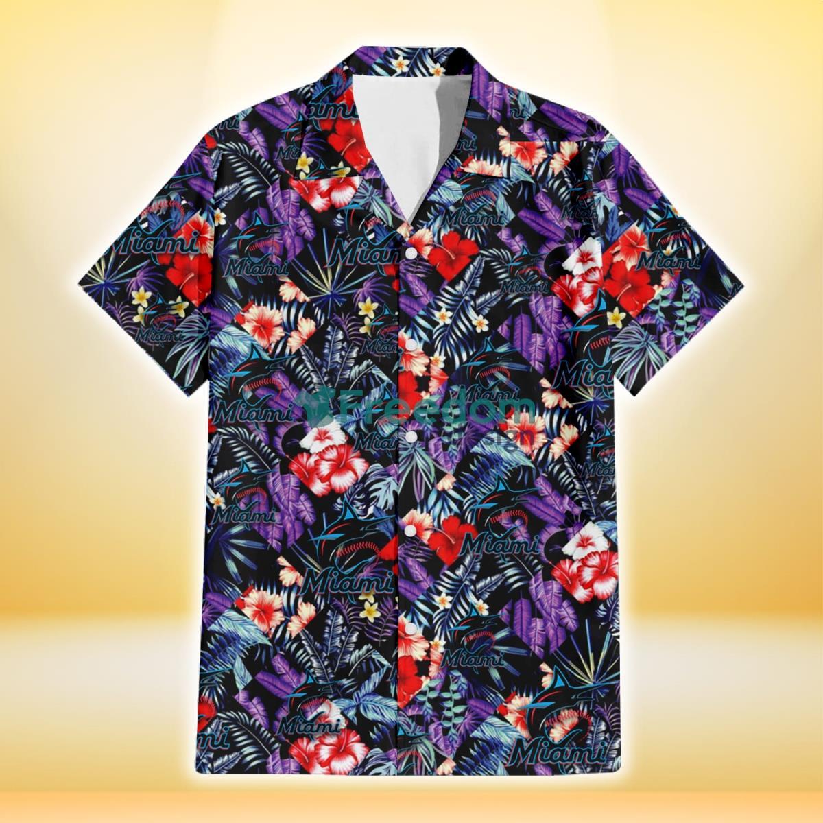 Miami Marlins Red Hibiscus Caro Black Background 3D Hawaiian Shirt Gift For Fans Product Photo 2