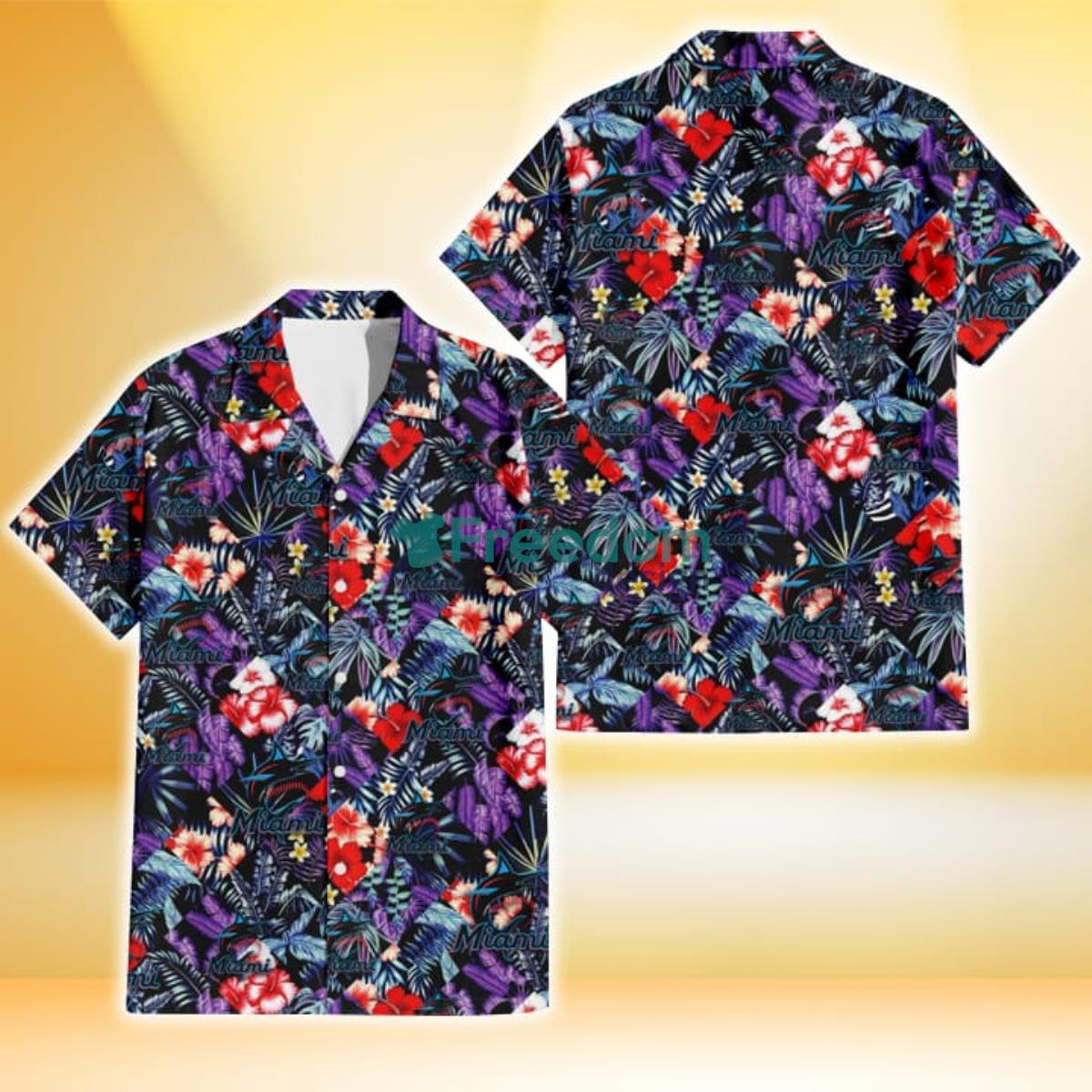 Miami Marlins Red Hibiscus Caro Black Background 3D Hawaiian Shirt Gift For Fans Product Photo 1