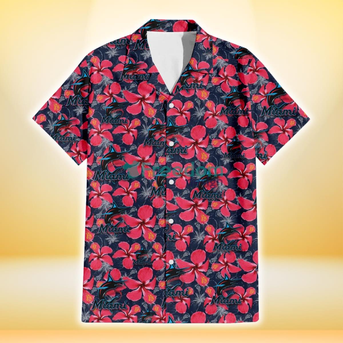 Miami Marlins Red Hibiscus Dark Gray Background 3D Hawaiian Shirt Gift For Fans Product Photo 2