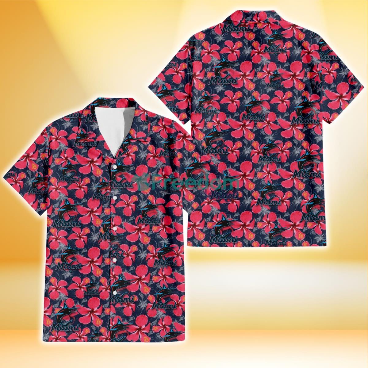 Miami Marlins Red Hibiscus Dark Gray Background 3D Hawaiian Shirt Gift For Fans Product Photo 1